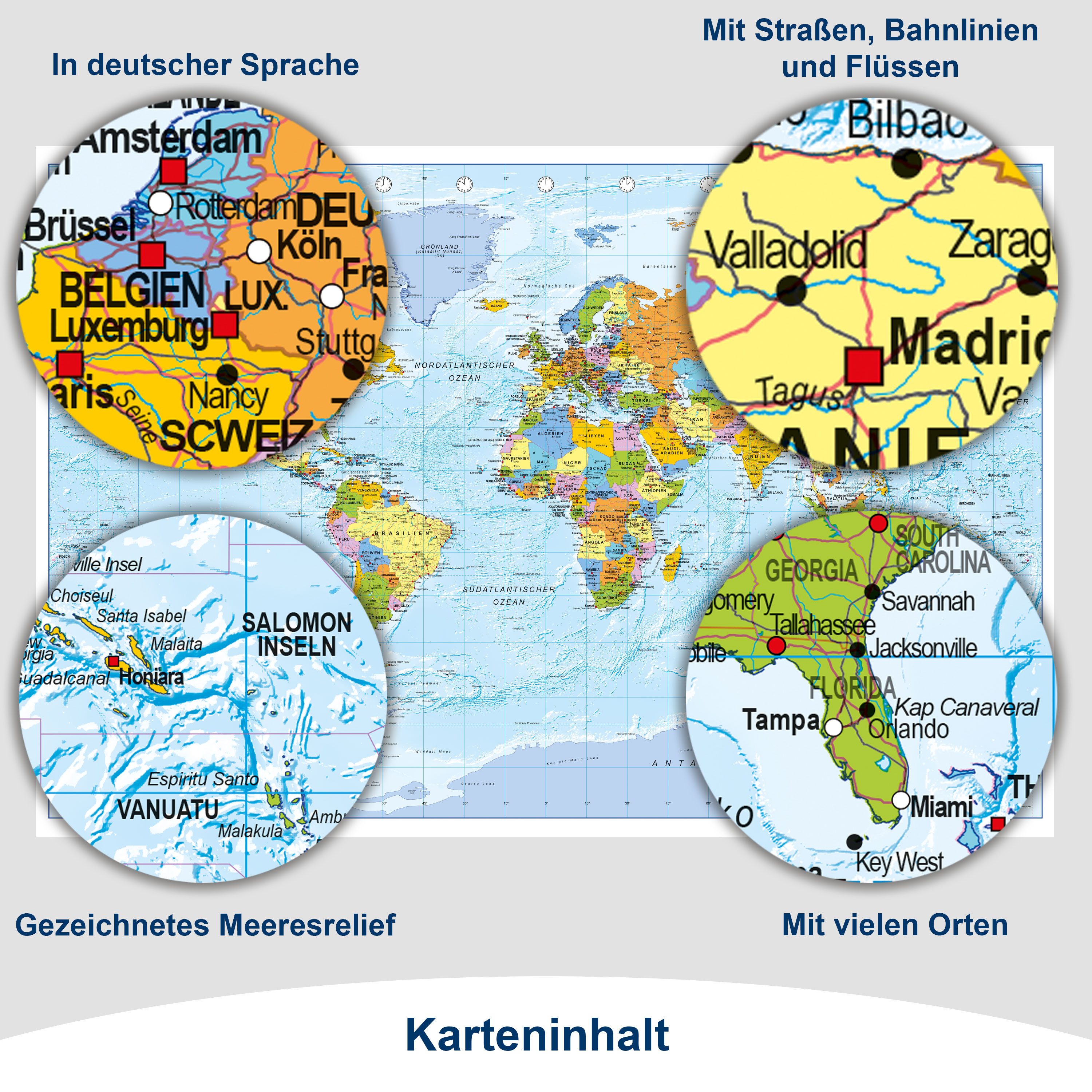 Interkart Landkarten & Globen GmbH Poster Weltkarte Kleinformat - Deutsch - 88 x 58 cm - Kleine Weltkarte, Oberflächen beschichtetes Poster