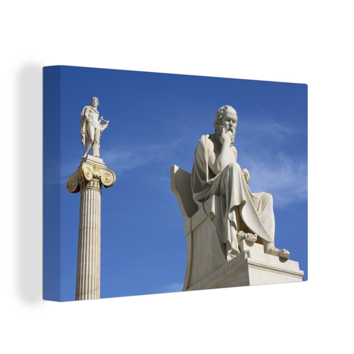 OneMillionCanvasses® Leinwandbild Die Statuen von Sokrates und Apollo in Athen, (1 St), Wandbild Leinwandbilder, Aufhängefertig, Wanddeko, 30x20 cm