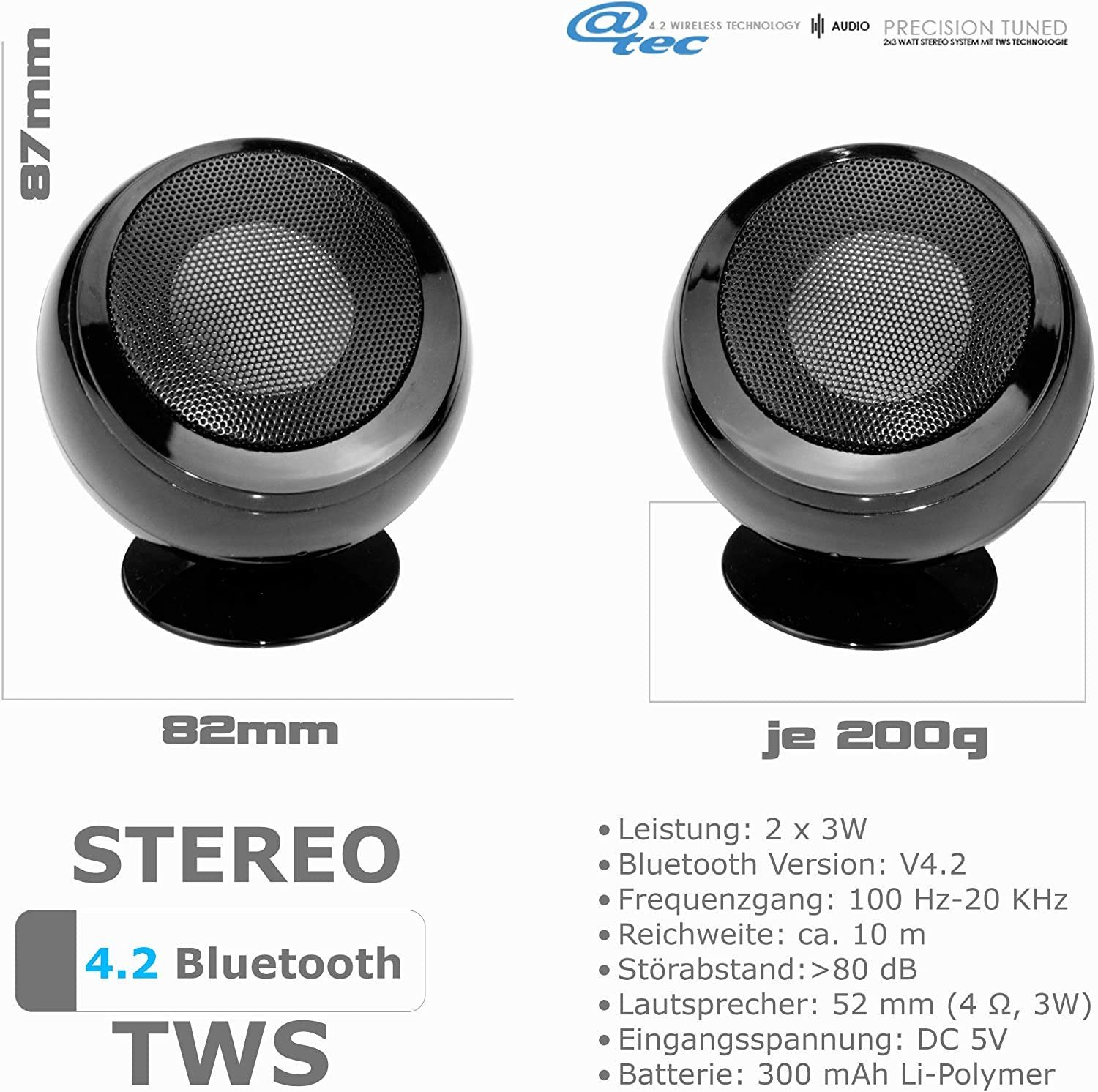 True (Mini, Speaker Sound, tragbar, Mini Musik Bluetooth-Lautsprecher Lautsprecher, @tec Stereo Lautsprecher, 2x3W, Stereo Bluetooth, Wireless HiFi Desktop kabellos, Drahtlose portabel) Boxen,