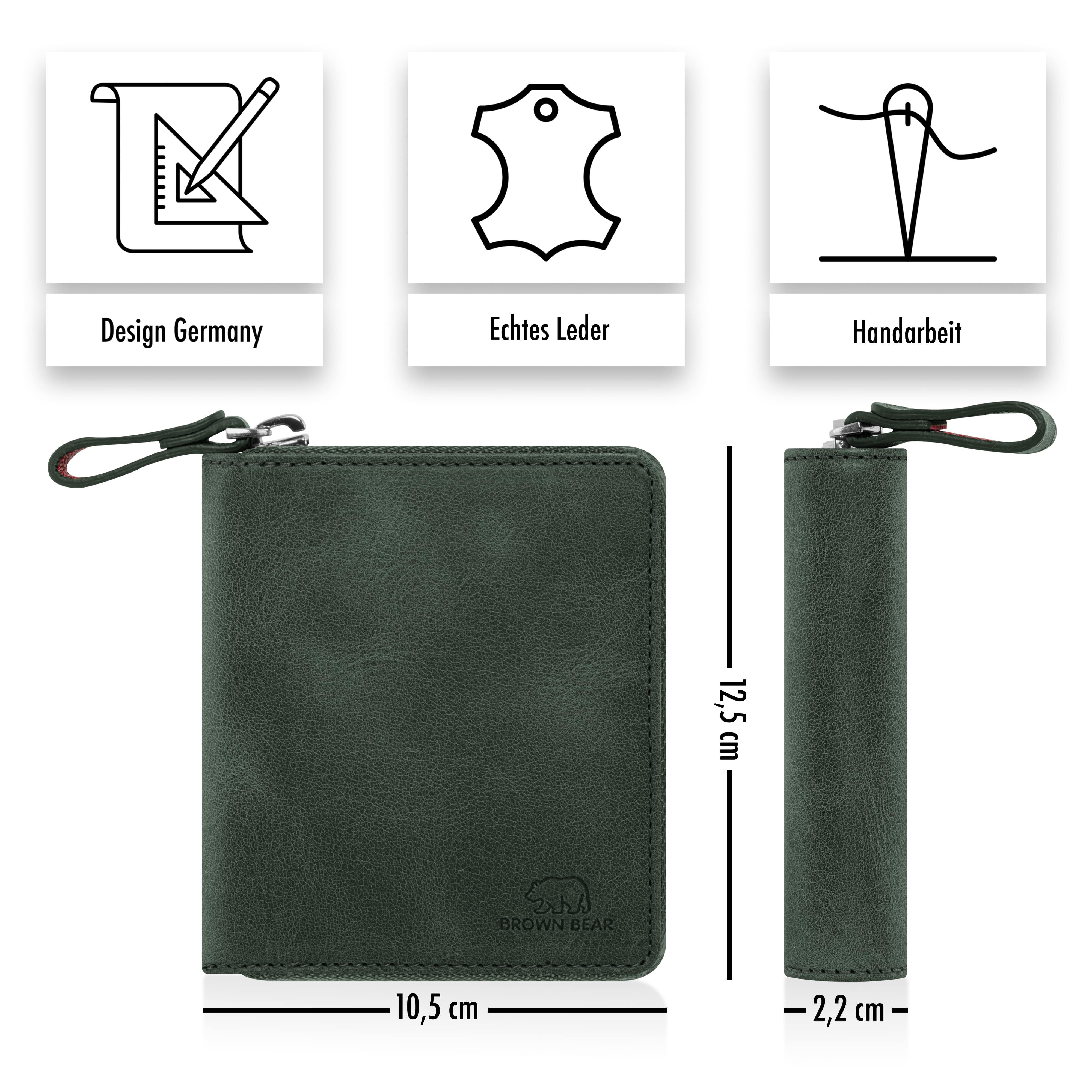 Brown Bear Geldbörse Classic 8009 mit umlaufenderm Reißverschluss aus Echtleder, mit 10 Kartenfächern und RFID-Schutz Farbe Olive-Vintage