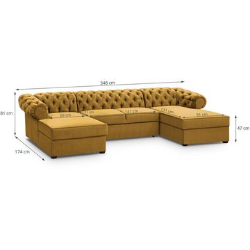 Beautysofa Ecksofa Chester, U-Form Ecksofa Schlaffunktion und Bettkasten, Chesterfield Stil