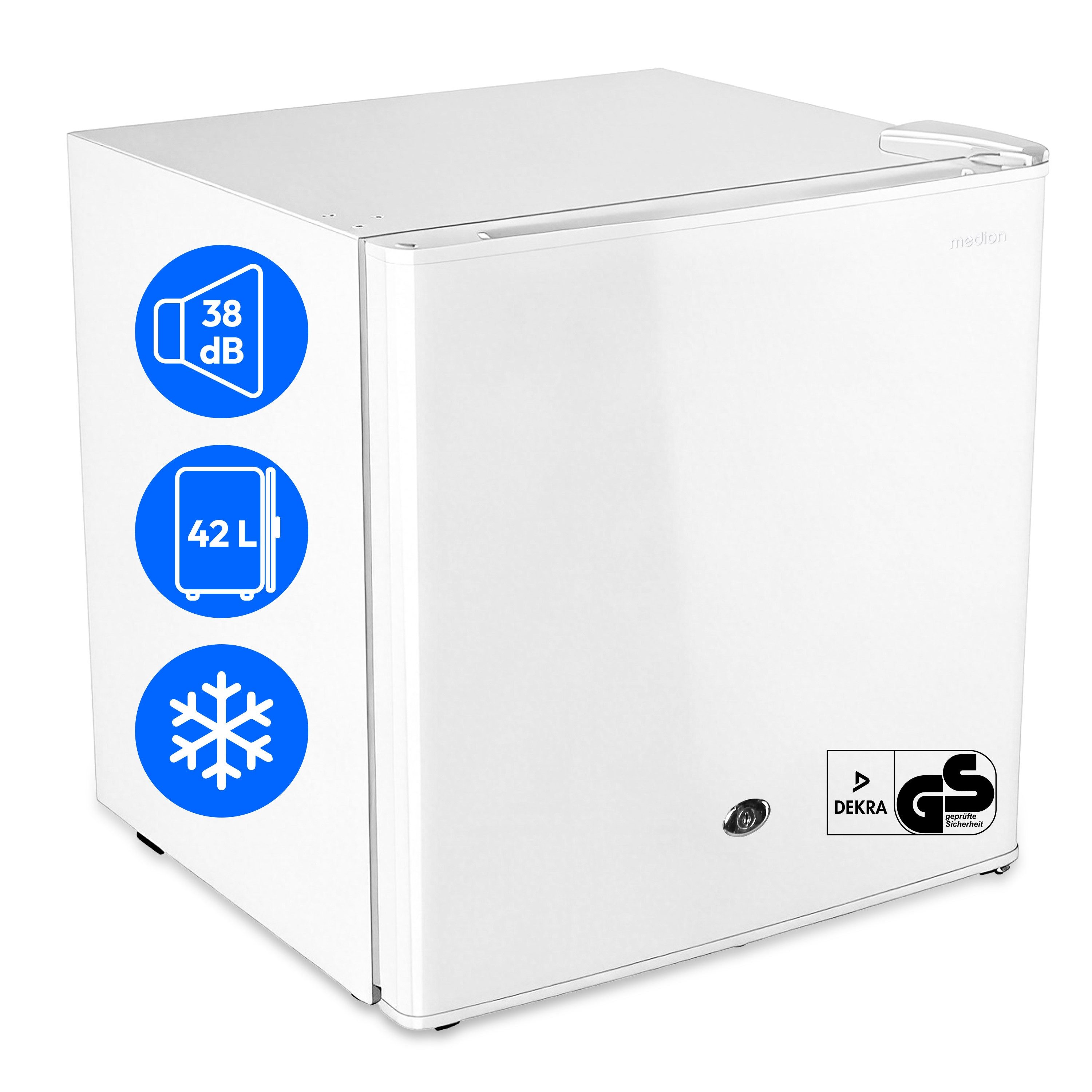 Medion® Kühlschrank MD370001, 50 cm hoch, 48 cm breit, 42 L Gesamtnutzinhalt, wechselbarer Türanschlag, Schloss