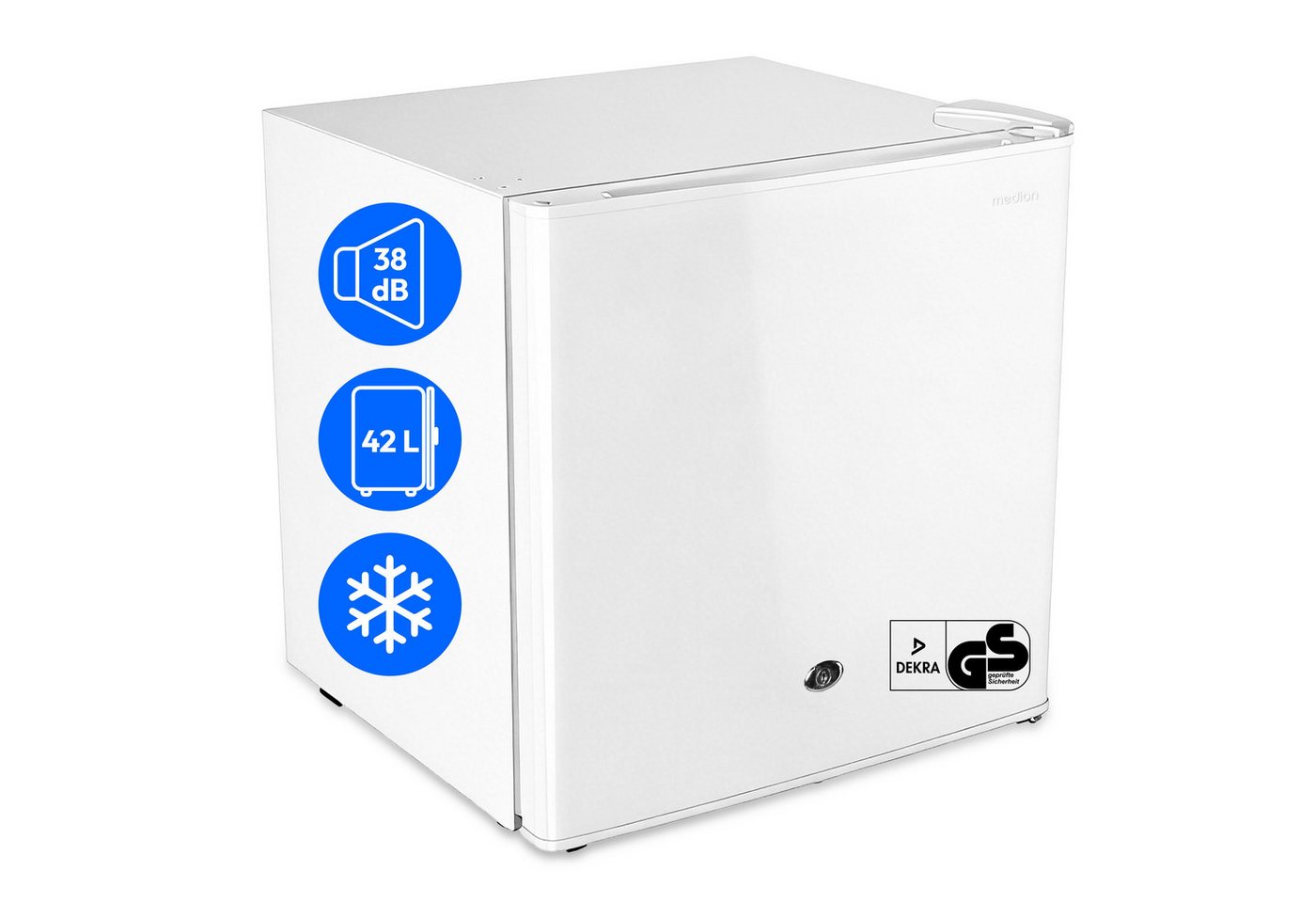 Medion® Kühlschrank MD370001, 50 cm hoch, 48 cm breit, 42 L Gesamtnutzinhalt, wechselbarer Türanschlag, Schloss