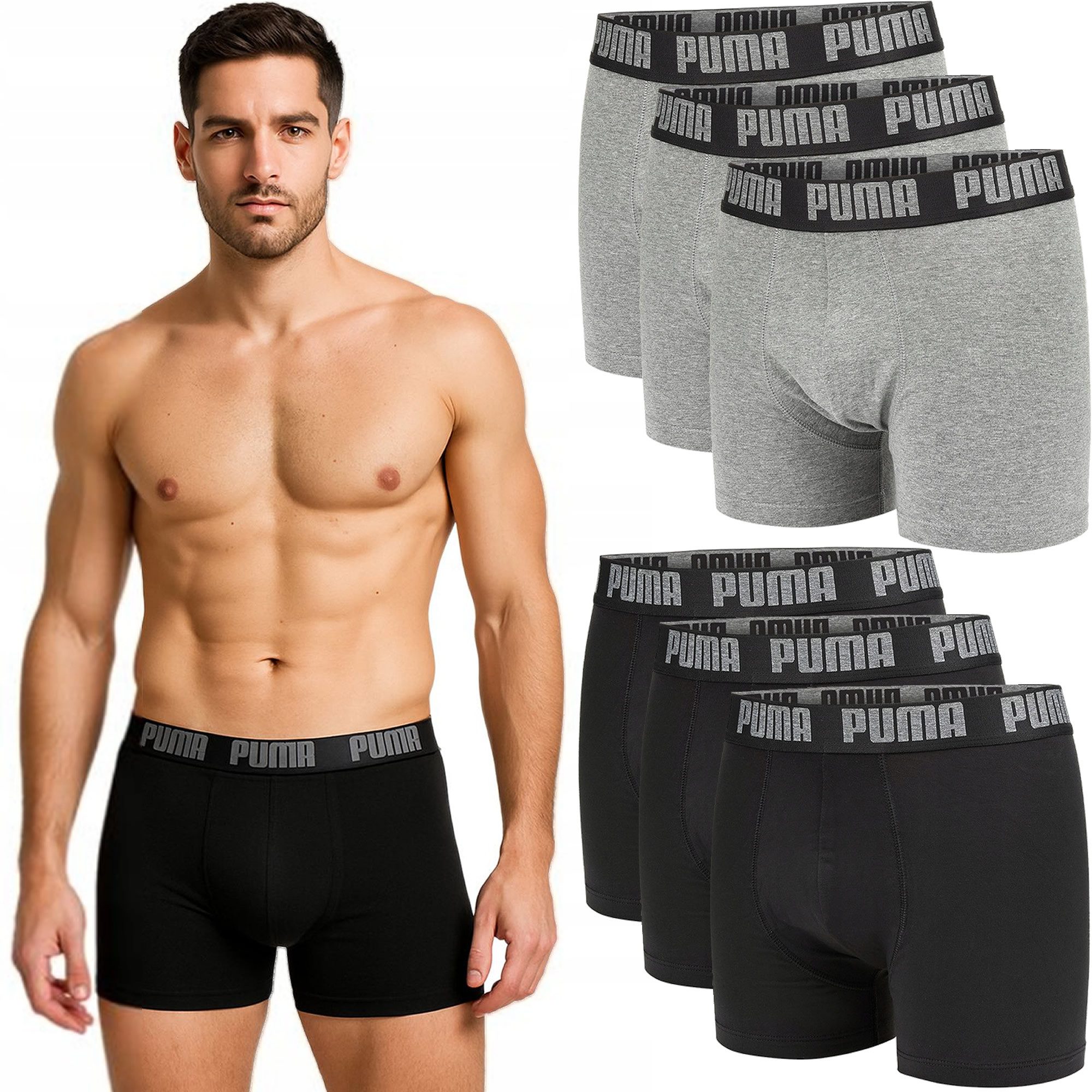 Knirpsenland Boxershorts PUMA Design Herren 6er-Pack – Baumwolle, Schwarz & Grau, Größen M–XXL (Spar-Set, 6er-Pack) mit Logo auf dem Elastikbund