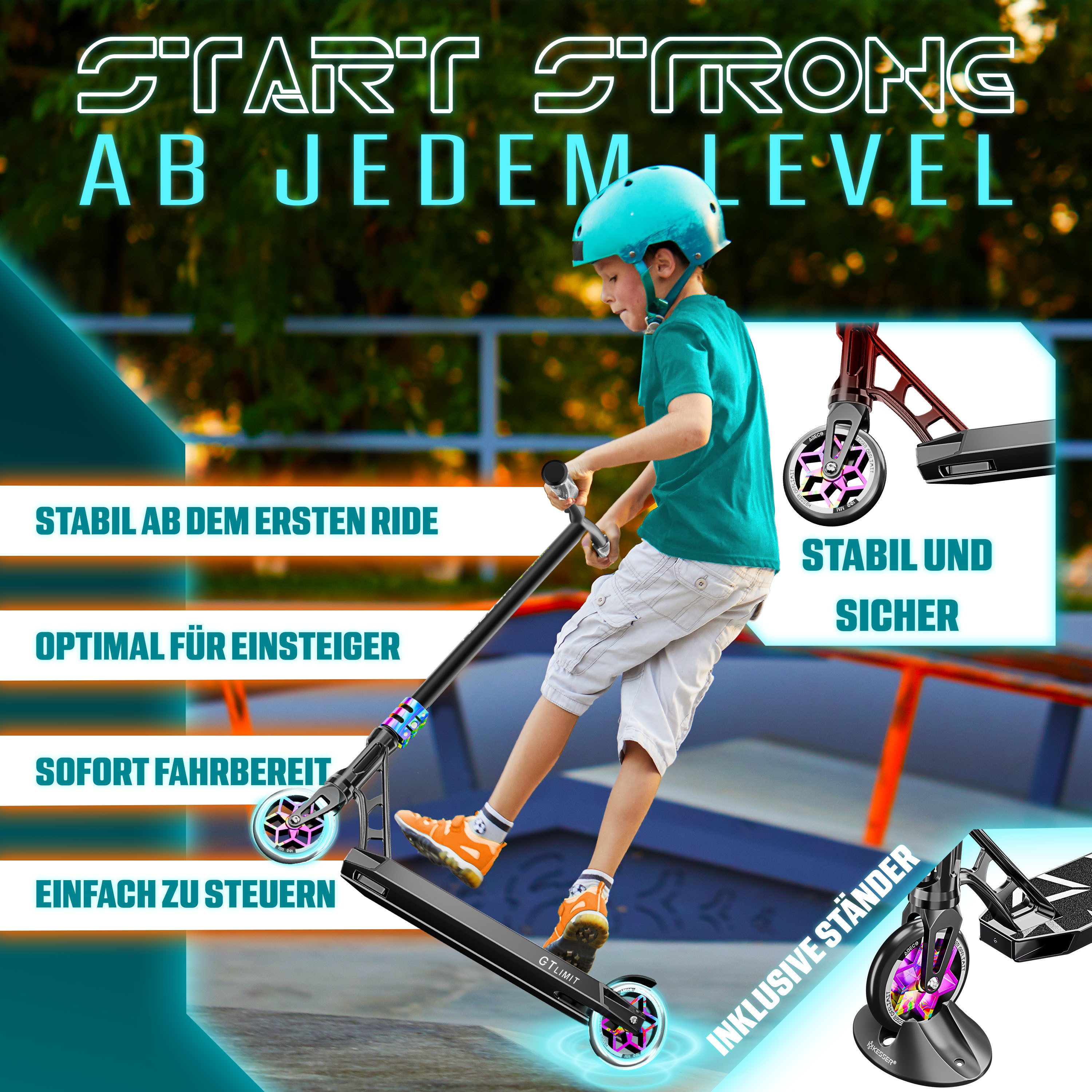 KESSER Scooter, Stuntscooter GT-Limit 360° Lenkung Funscooter Kickscooter Tretroller