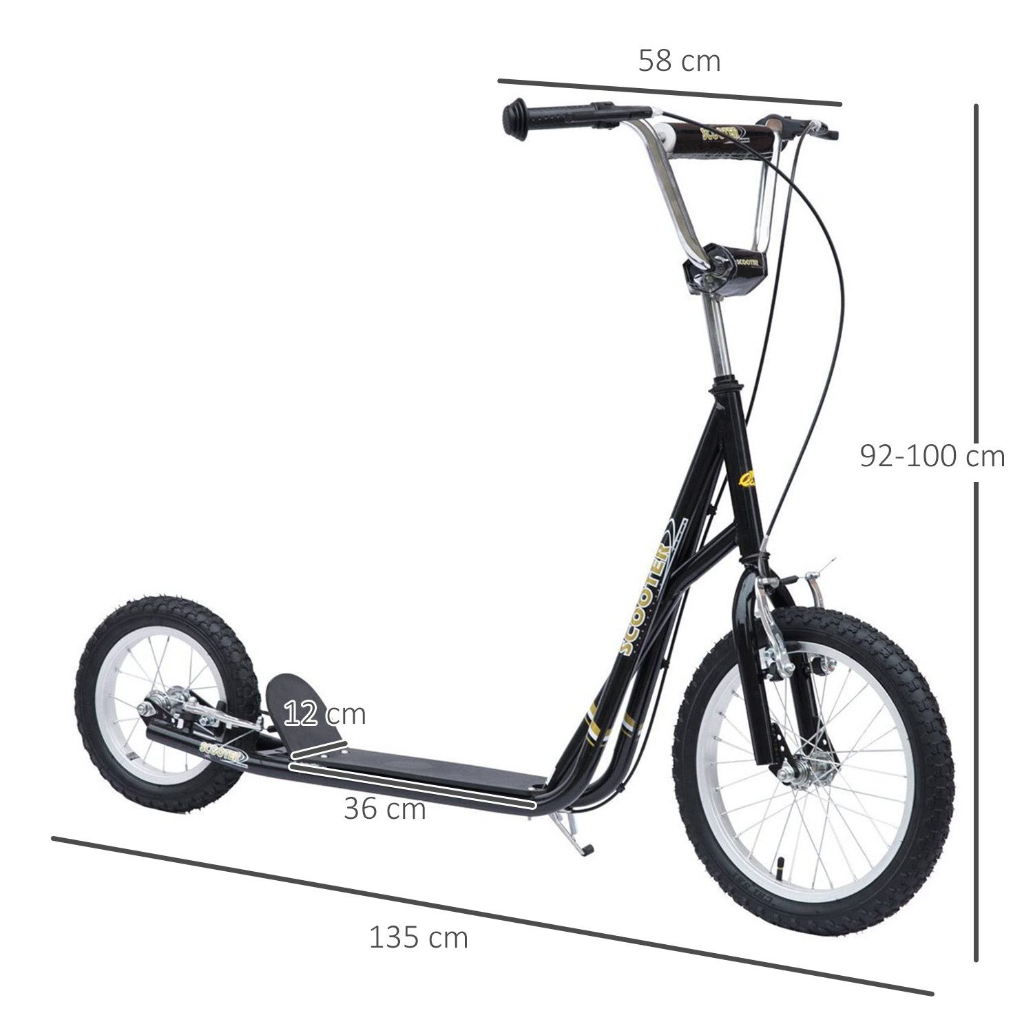 HOMCOM Cityroller Roller Kinderroller mit Luftreifen Handbremse, 16 Zoll Tretroller, 0 km/h, (Tretroller, 1 tlg., Kinderroller), für Außenbereich, Schwarz