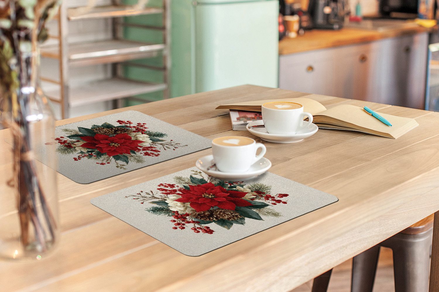 MuchoWow Platzset Weihnachtsgesteck - Weihnachtsstern - Tannenzapfen - Rot, (6-St), Platzsets, Tischset, Abwaschbar, Tischsets, Platzdeckchen