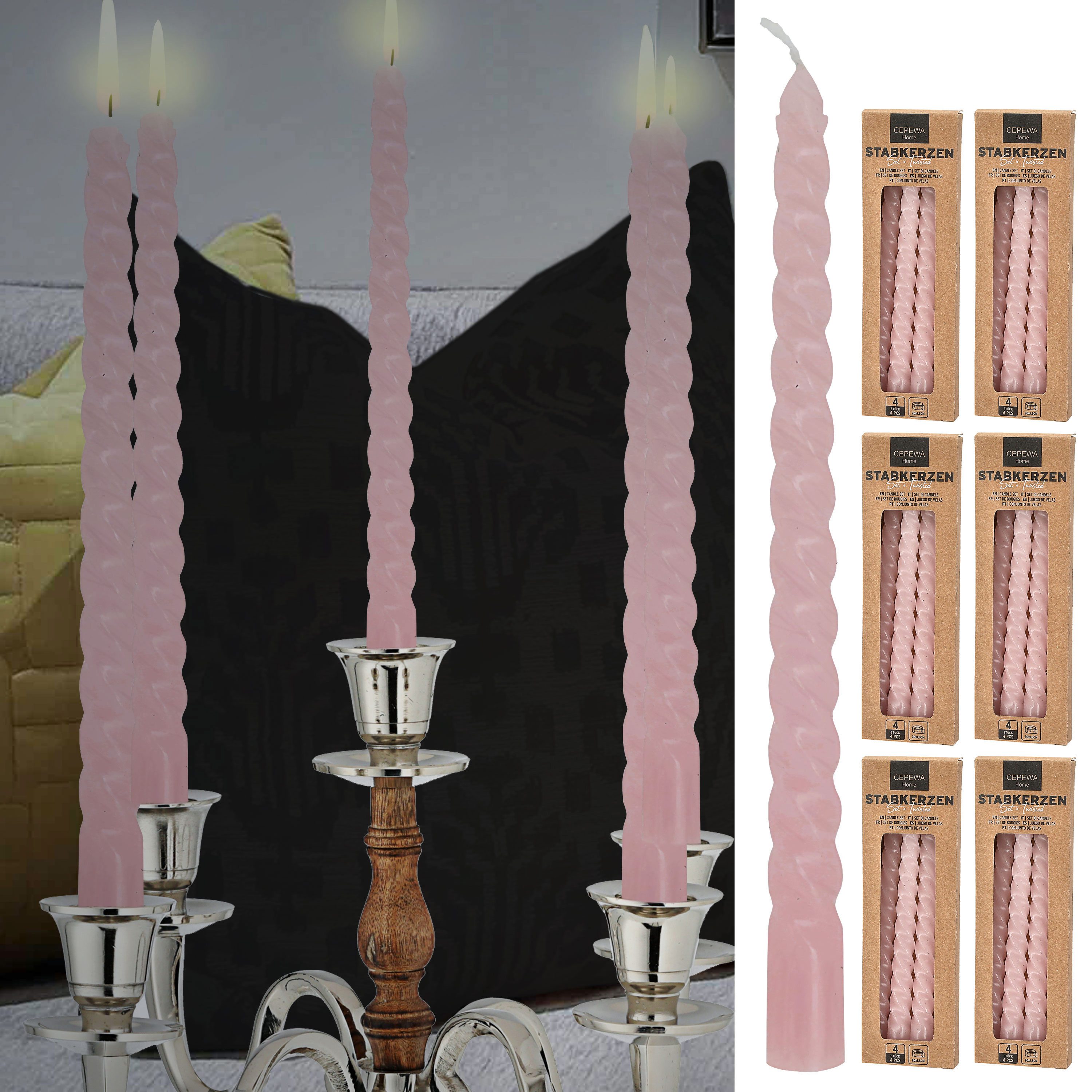 Spitzkerze Stabkerze 'Twisted' 24er Set rosa H20cm Paraffin gedreht Spiralkerze