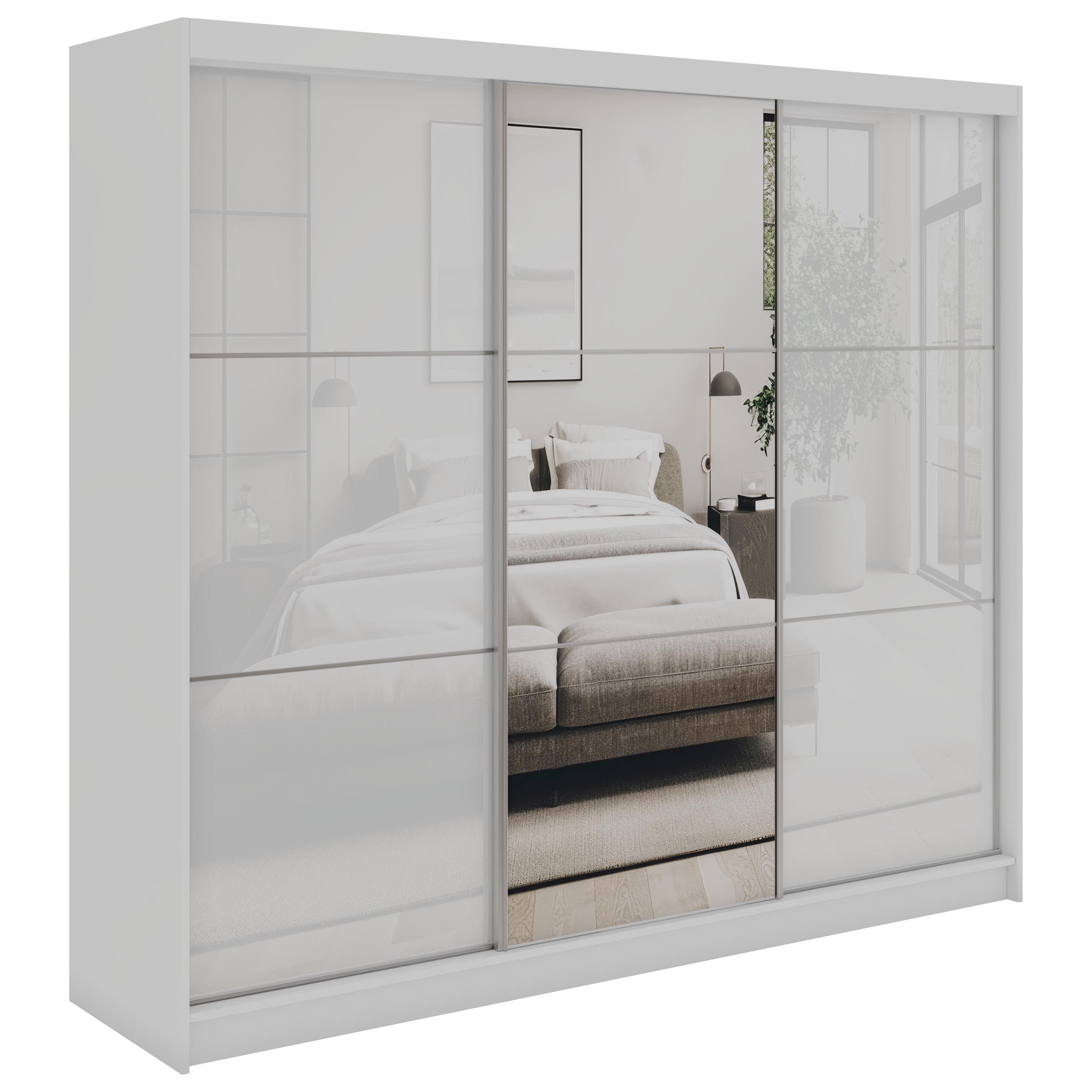 MKS MÖBEL Schiebetürenschrank WALENCJA 240 (Schwebetürenschrank mit Spiegel und Lacobel, Wäscheschrank) Schlafzimmerschrank mit/ohne Schubladen, 216 cm hoch, 61 cm tiefe