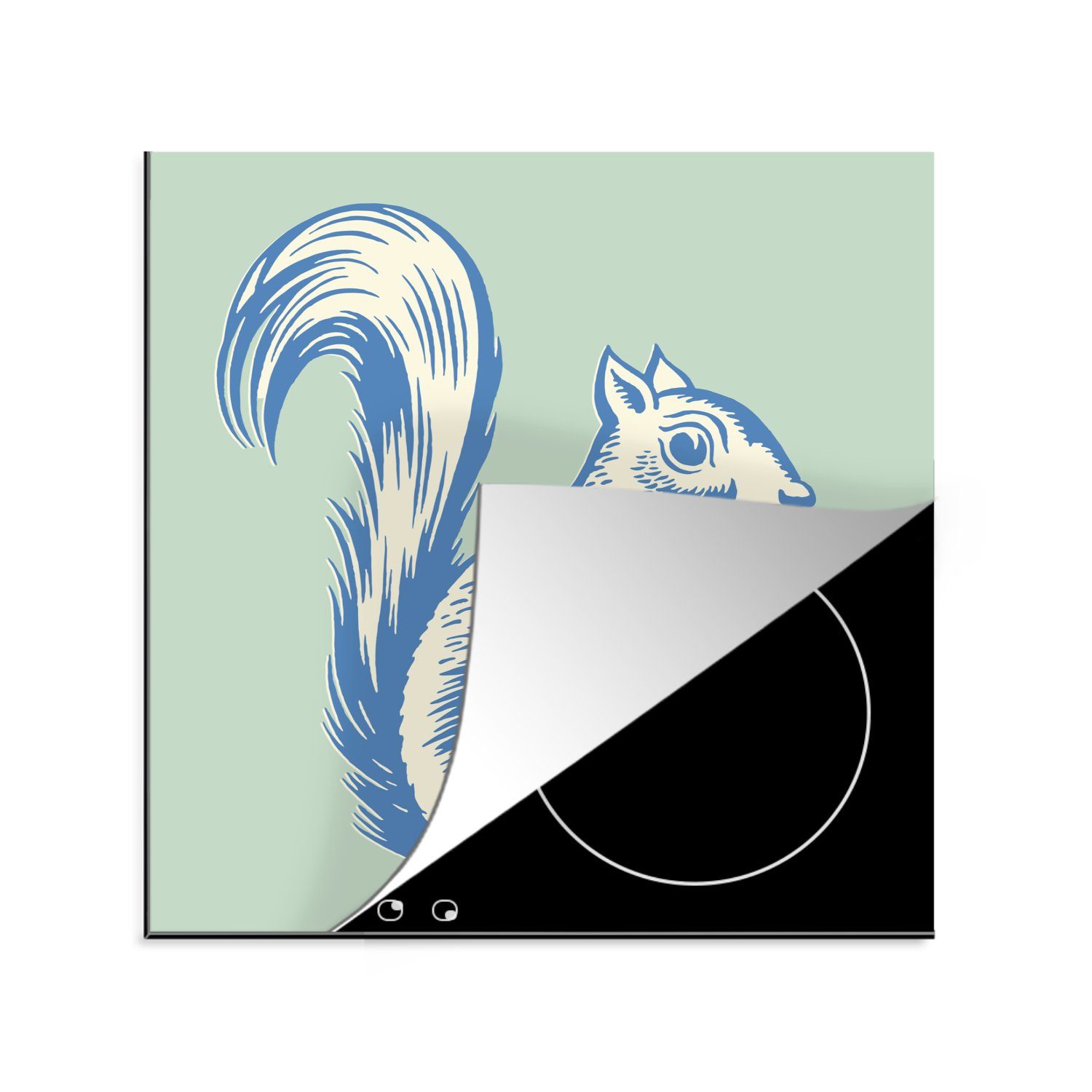 MuchoWow Herdblende-/Abdeckplatte Eine Illustration eines blauen Eichhörnchens auf einem grünen, Vinyl, (1 tlg), 78x78 cm, Ceranfeldabdeckung, Arbeitsplatte für küche