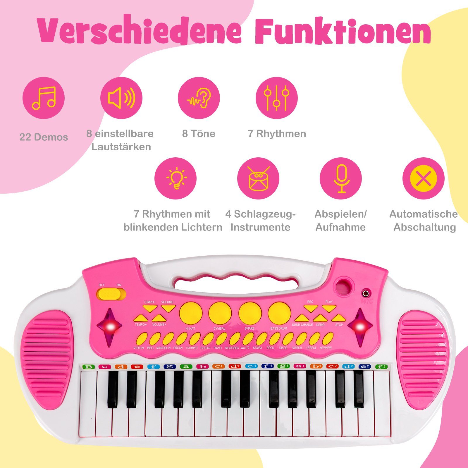 COSTWAY Spielzeug-Musikinstrument 31 Tasten Kinder Keyboard, mit Mikrofon & Hocker
