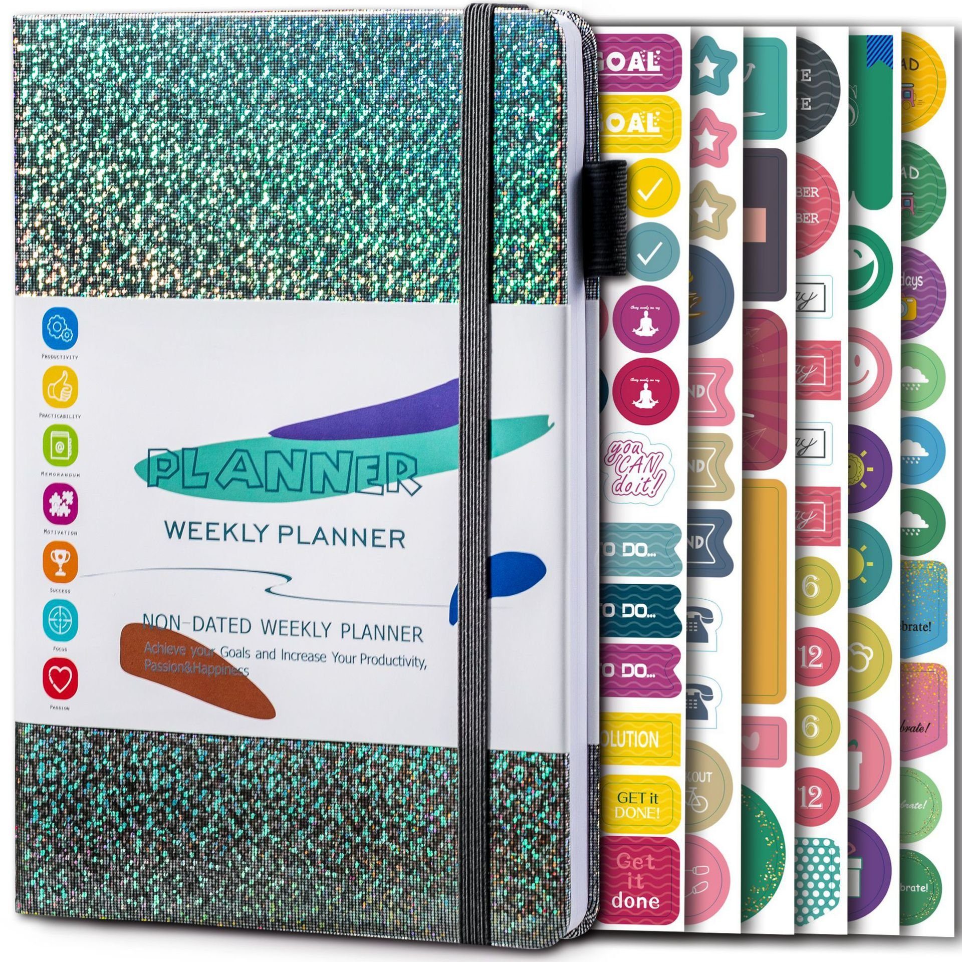 Kalender, Notizbuch Buchkalender A5,DIY Studienplaner Aufkleber Notizbuch green Daten,DIY 2023/2024,Gummiband,mit XDeer Planer
