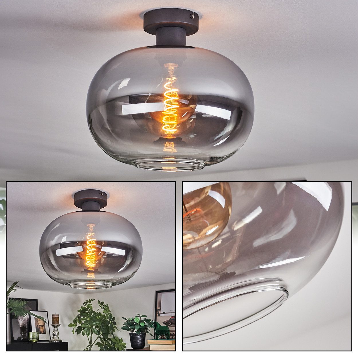 hofstein Deckenleuchte Deckenlampe aus Metall/Glas in Schwarz/Rauchfarben/Klar, Deckenleuchte im Retro/Vintage-Design (Schirm Ø 30 cm), E27