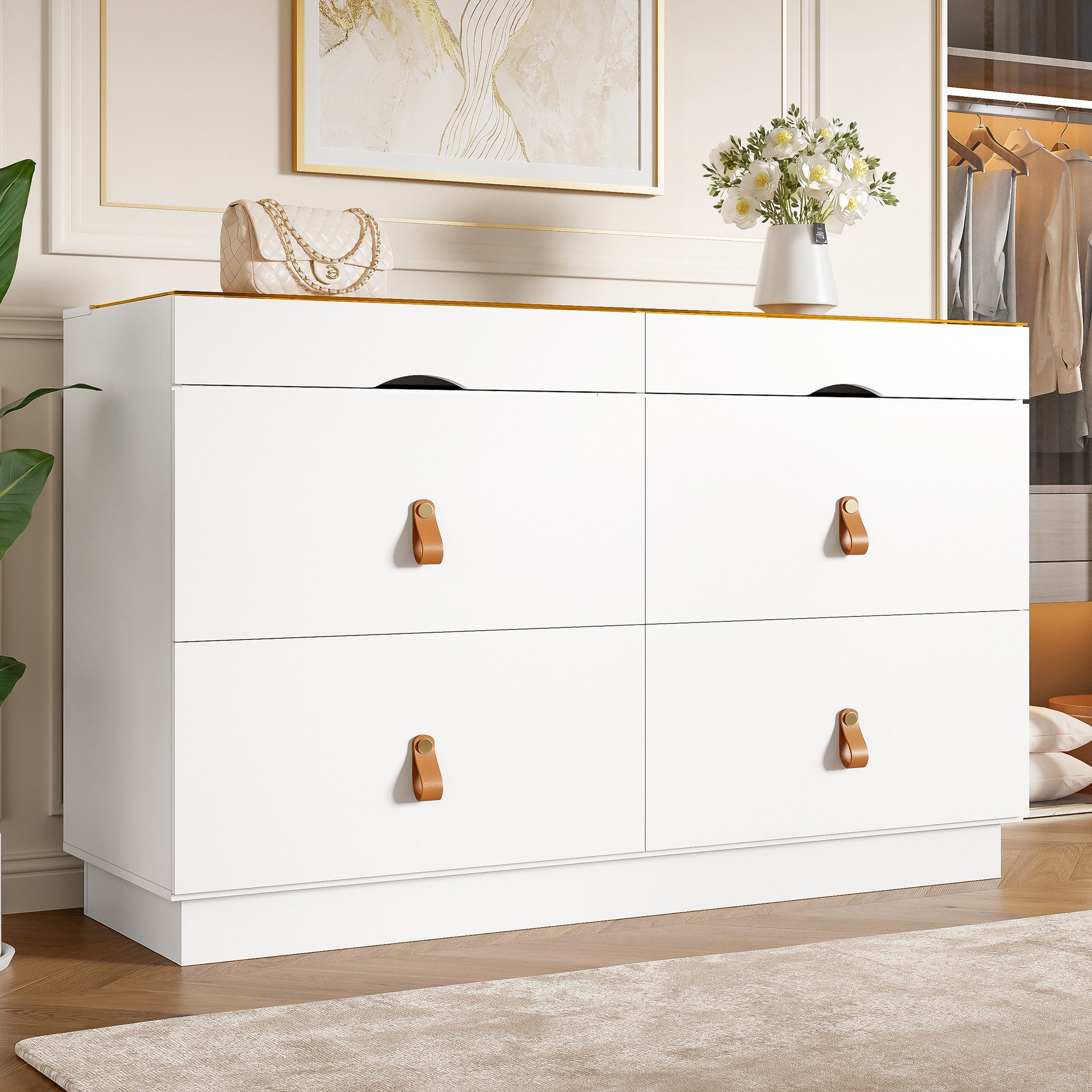 Flieks Kommode mit Glas-Arbeitsplatte, 6 Schubladen und Kunstledergriffen (1 St., B120/T40/H78 cm), Mehrzweckschrank Schmuckschrank Holzschrank Weiß