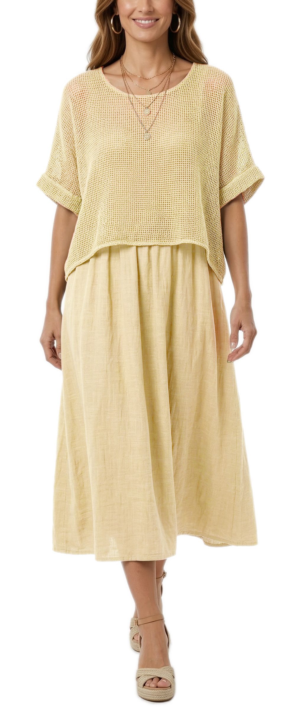 dy_mode Sommerkleid Damen Sommerkleid Midikleid in Zweiteiler-Optik Lagenlook Kleid in Unifarben, Zweiteiler-Optik