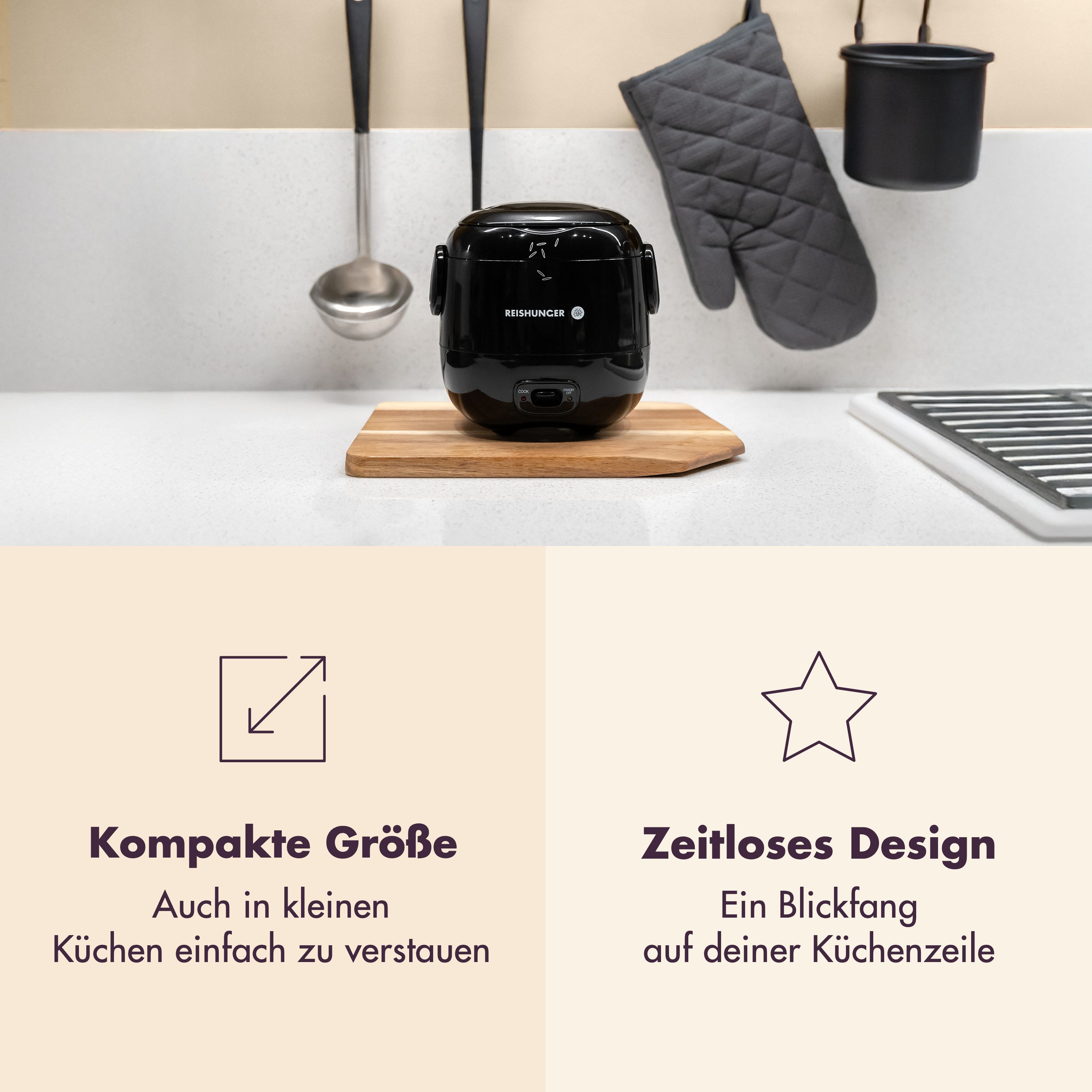 Reishunger Reiskocher Mini Modell – 0,3 L – 1-2 Portionen – in vier Farben verfügbar –, 120 W, Handliche Größe für kleine Haushalte und unterwegs