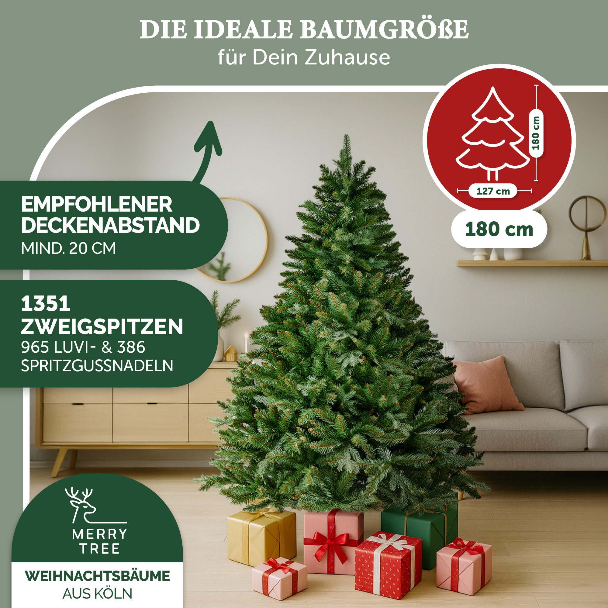 MERRY TREE Künstlicher Weihnachtsbaum Premium künstlicher Weihnachtsbaum aus naturgetreuem PVC + PE, Nordmanntanne, Spritzguss Mix mit Holzfuß