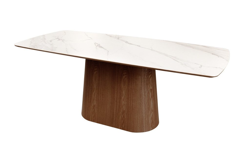 riess-ambiente Säulen-Esstisch UNIQUE 200cm weiß / braun · Konferenztisch mit Keramik-Tischplatte (Einzelartikel, 1-St), 8-10 Personen · Säulenfuß aus furniertem Walnussholz · Marmor-Design