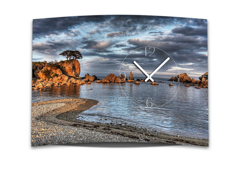 cm Dixtime aus (Einzigartige Alu-Dibond) Uhrwerk leises Wanduhr dixtime Optik Küste 50x70 4mm Wanduhr XXL Meer 3D Felsen 3D-Optik