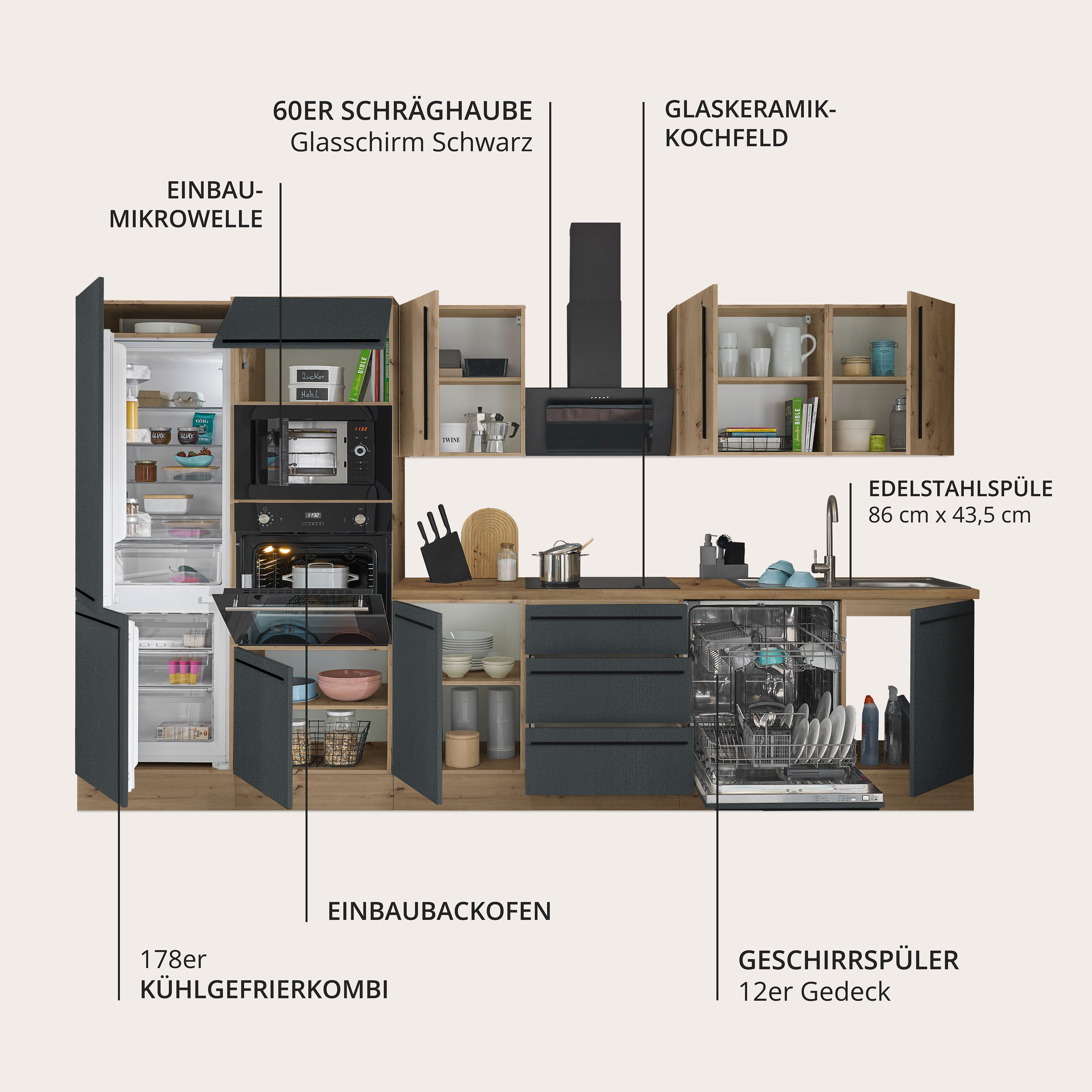 KOCHSTATION Küchenzeile Florida, Breite 340 cm, wahlweise mit E-Geräten,Softclose für Türen/Schubkästen