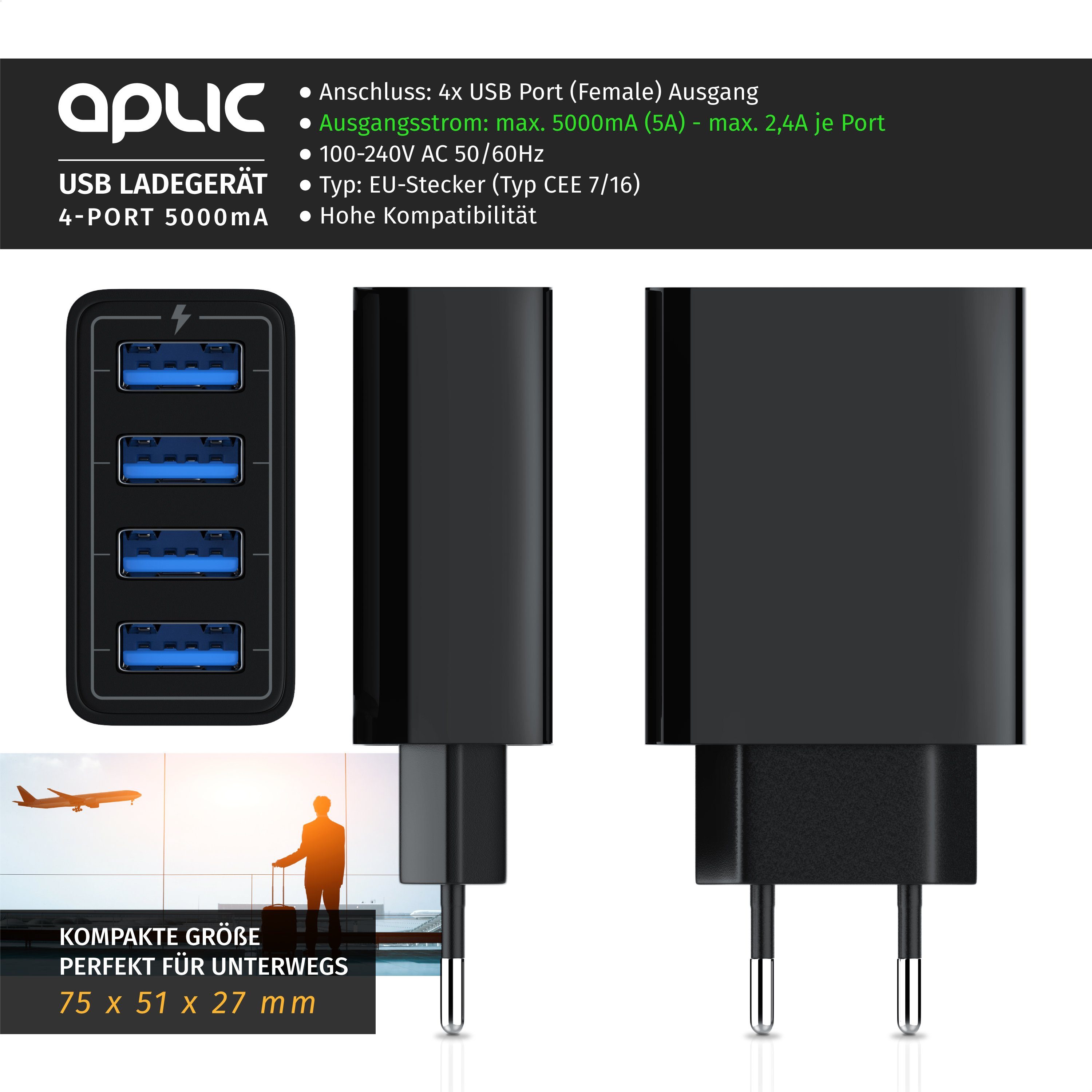 Aplic USB-Ladegerät (5000 mA, 4-Port Netzteil für Handy, Tablet uvm. 5000mA, 2,4A Max. je Port, 25W)