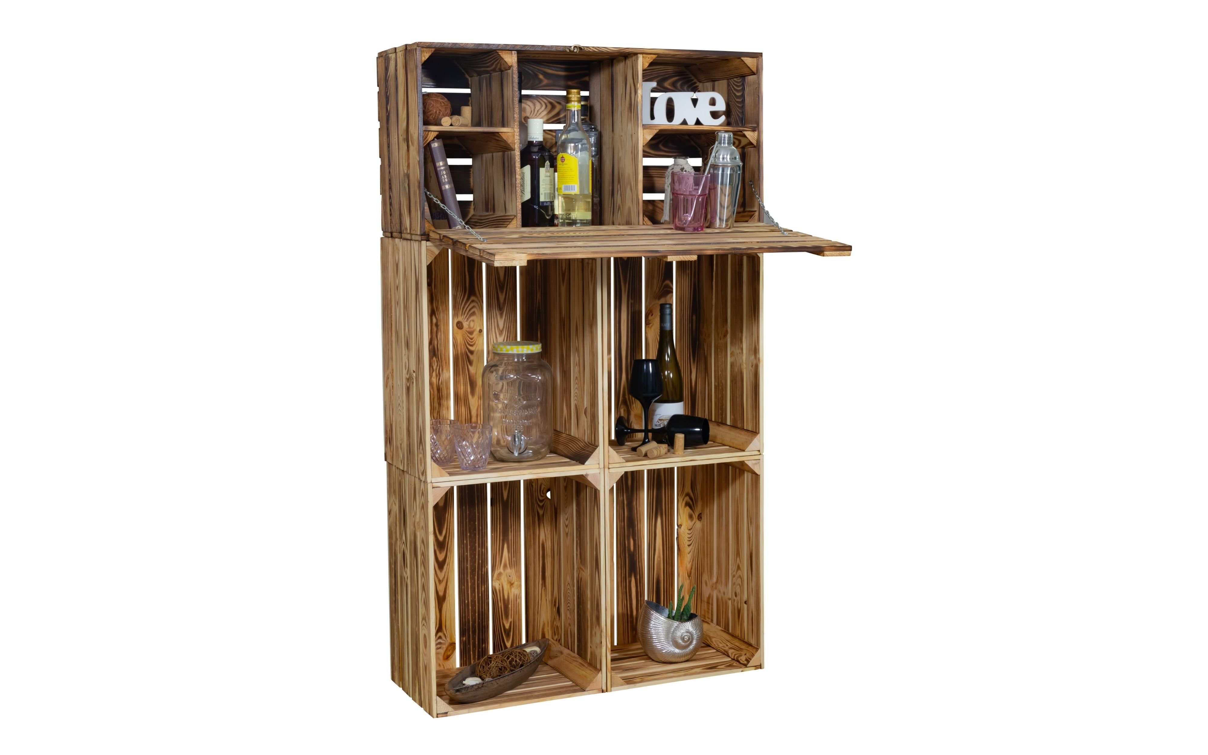 Allzweckkiste Minibar "Daniel" mit Klappfunktion und Flaschenregal (Geflammt)