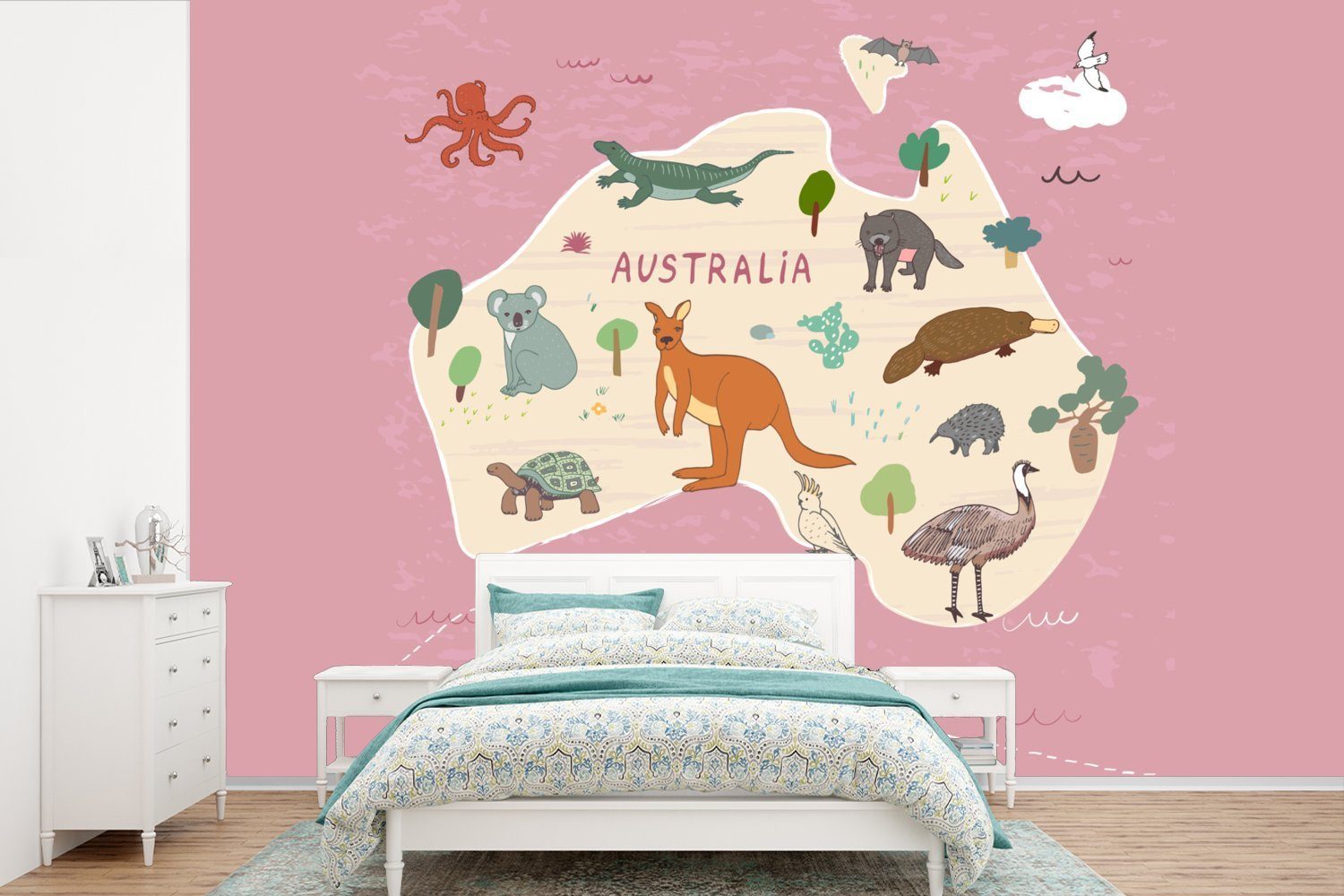 MuchoWow Fototapete Australien - Weltkarte - Kinder - Tiere - Mädchen - Kinder, Matt, bedruckt, (6 St), Wallpaper für Wohnzimmer, Schlafzimmer, Kinderzimmer, Vinyl Tapete