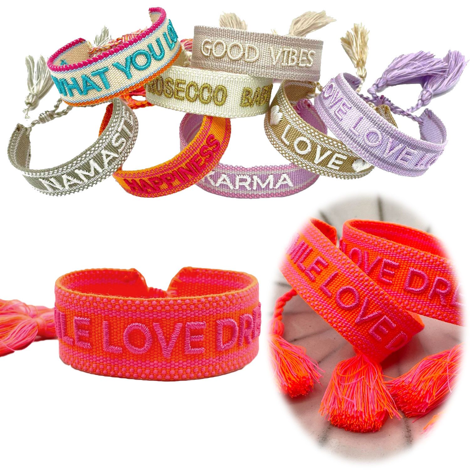 LS-LebenStil Armband Canvas Statement Armband Smile Love Dream Neon Orange Quasten bestickt (Baumwollarmband Webarmband Armbandliebe Freundschaftsarmband Freundschaftsband Partnerarmband, 1-tlg., textil geflochten gewebt - hochwertiger gestickter Spruch),