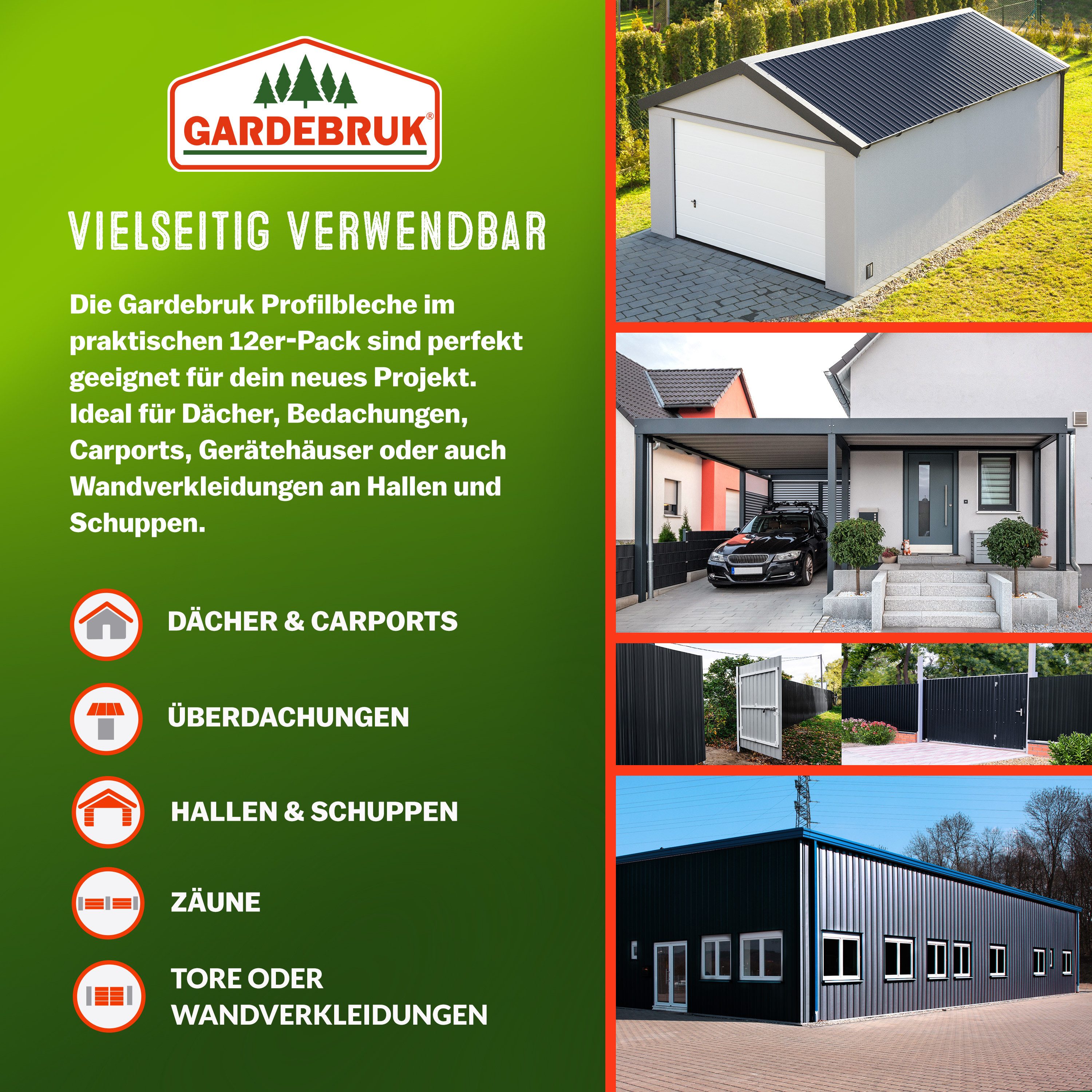 Gardebruk Wellplatte, 12x Trapezblech 129cm x 46cm = 7m² verzinkt Profilblech Dachblech