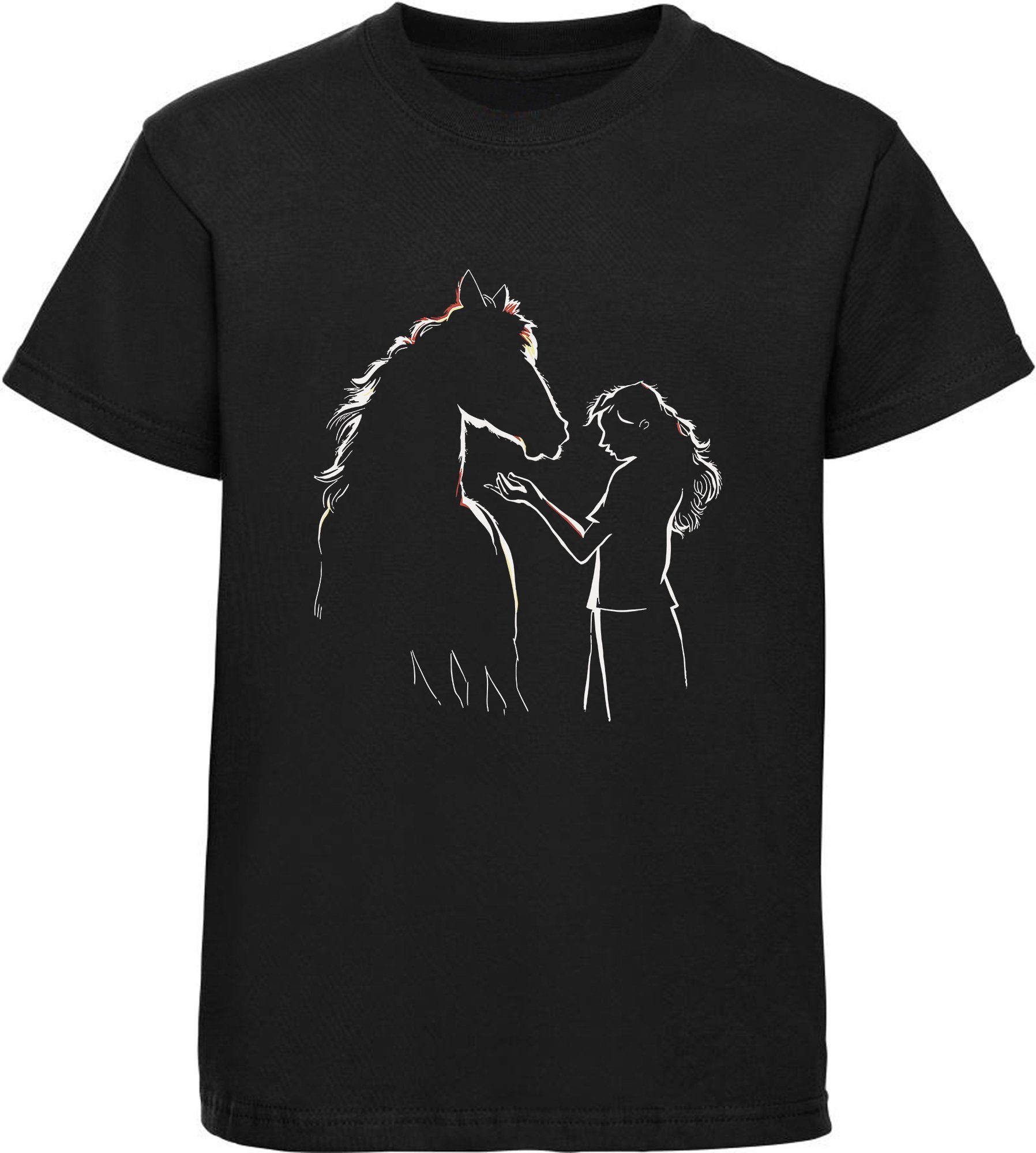 MyDesign24 Print-Shirt bedrucktes Mädchen T-Shirt Pferde Silhouette mit Frau Baumwollshirt mit Aufdruck, i139 schwarz