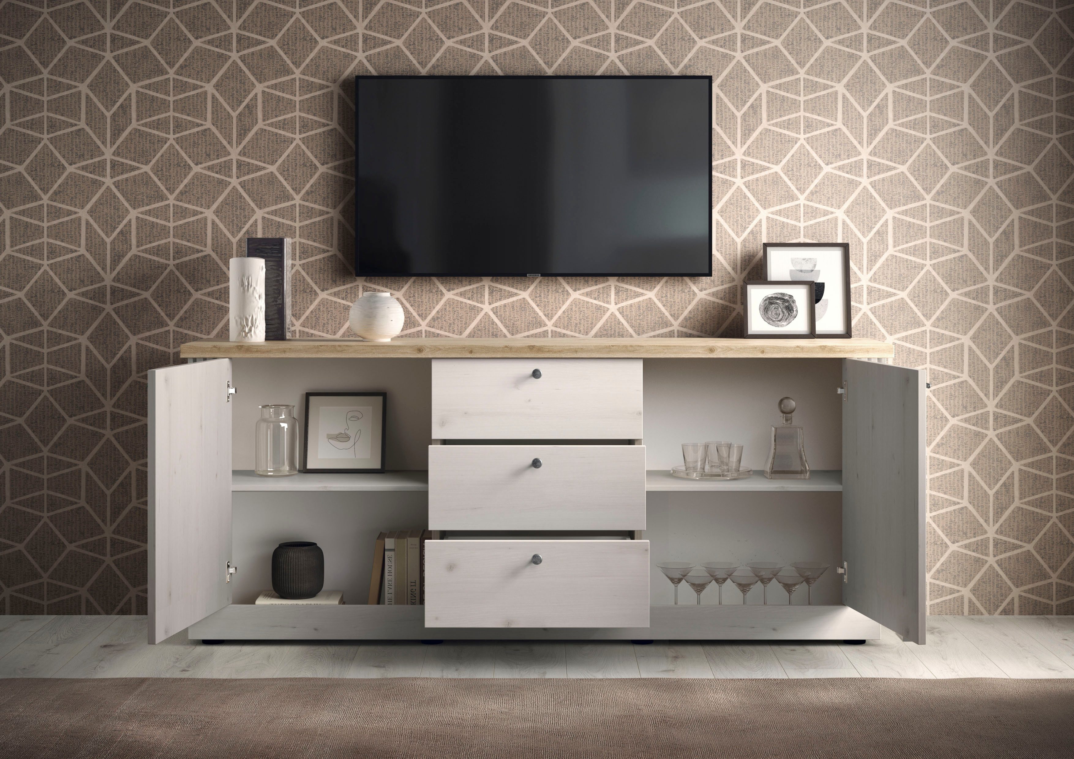 OTTO home Sideboard Country Breite 211 cm, Kommode 2 Türen u. 3 Schubkästen, Anrichte, im Landhausstil, viel Stauraum, mit Metallgriffe, MDF Rahmen