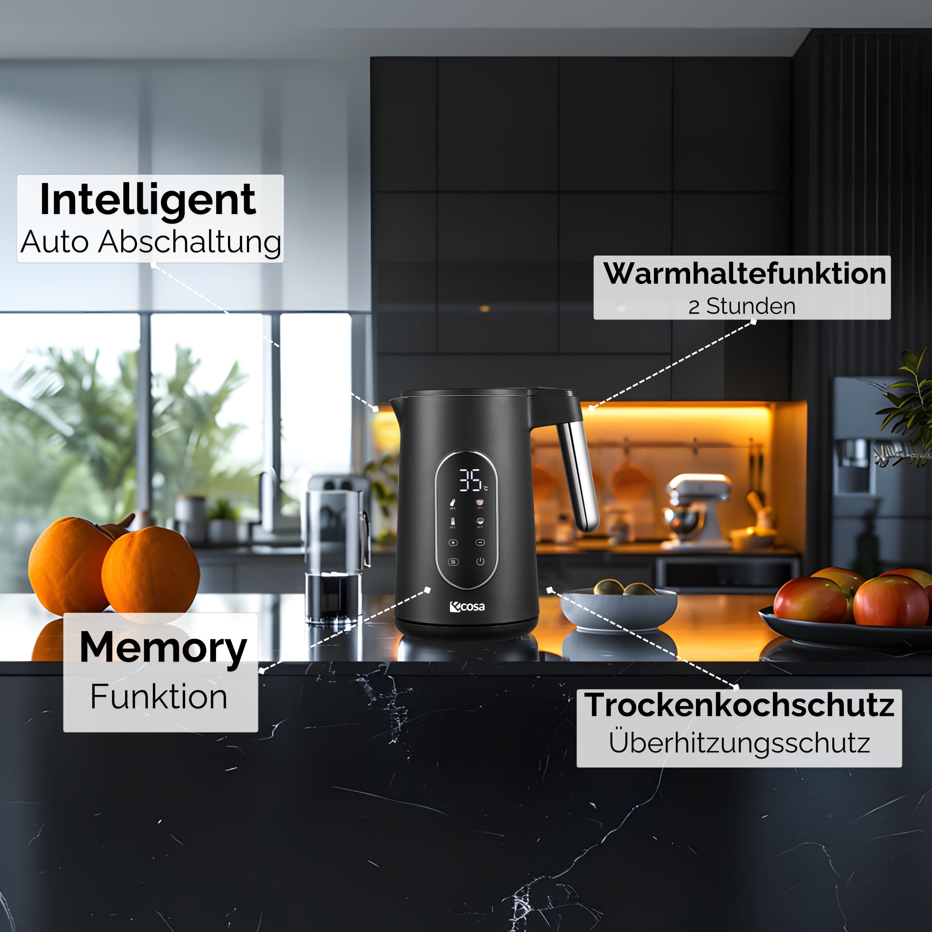 ecosa Wasserkocher EO-690, 1.7 l, 2200 W, Memory Funktion