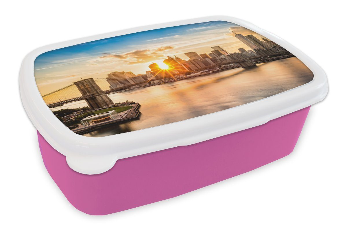 Bridge MuchoWow Kunststoff für New Kunststoff, Brotdose rosa - Kinder, York Lunchbox (2-tlg), Wasser, Brotbox Mädchen, - Erwachsene, Snackbox, Brooklyn