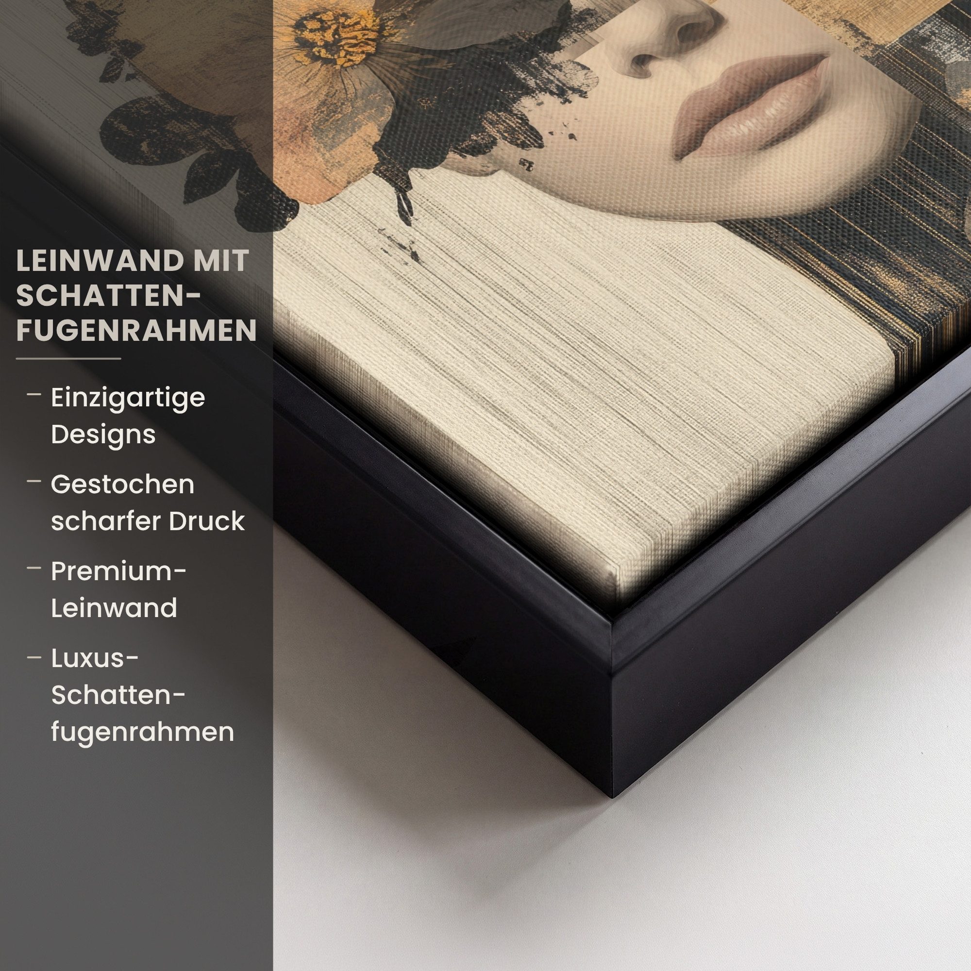 OneMillionCanvasses® Leinwandbild mit Rahmen - Gesicht - Blumen - Schwarz - Frau, Fotodruck (1 St), Leinwand Bilder Klein, Wand Dekoration Aesthetic 20x20cm – Bild 3 von 5