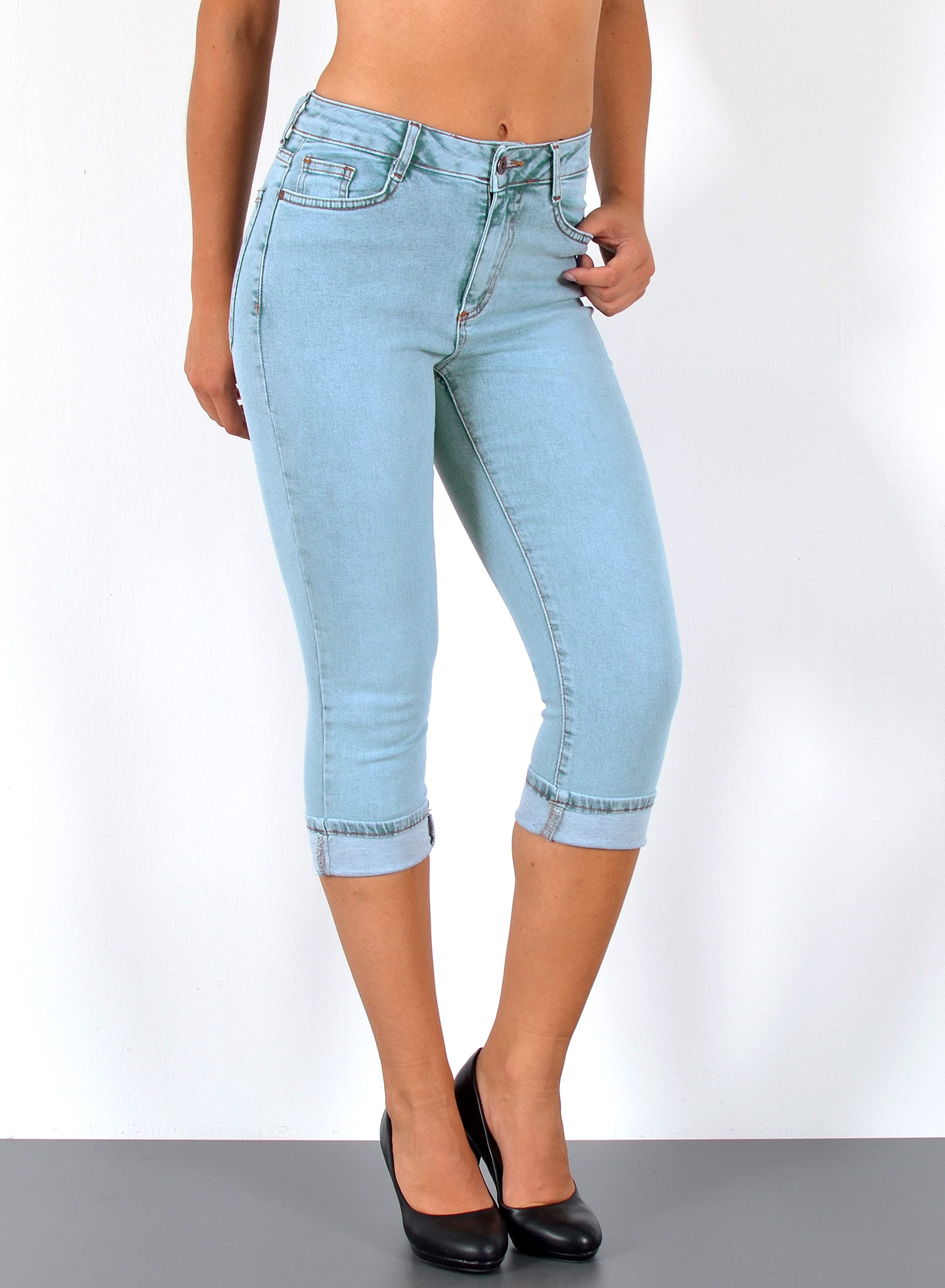 ESRA Caprijeans High Waist Capri Jeans Damen bis Übergröße Plus Size Große Größe C15 High Waist Capri Jeans Damen Stretch 3/4 Jeans Shorts Damen Capri Hose