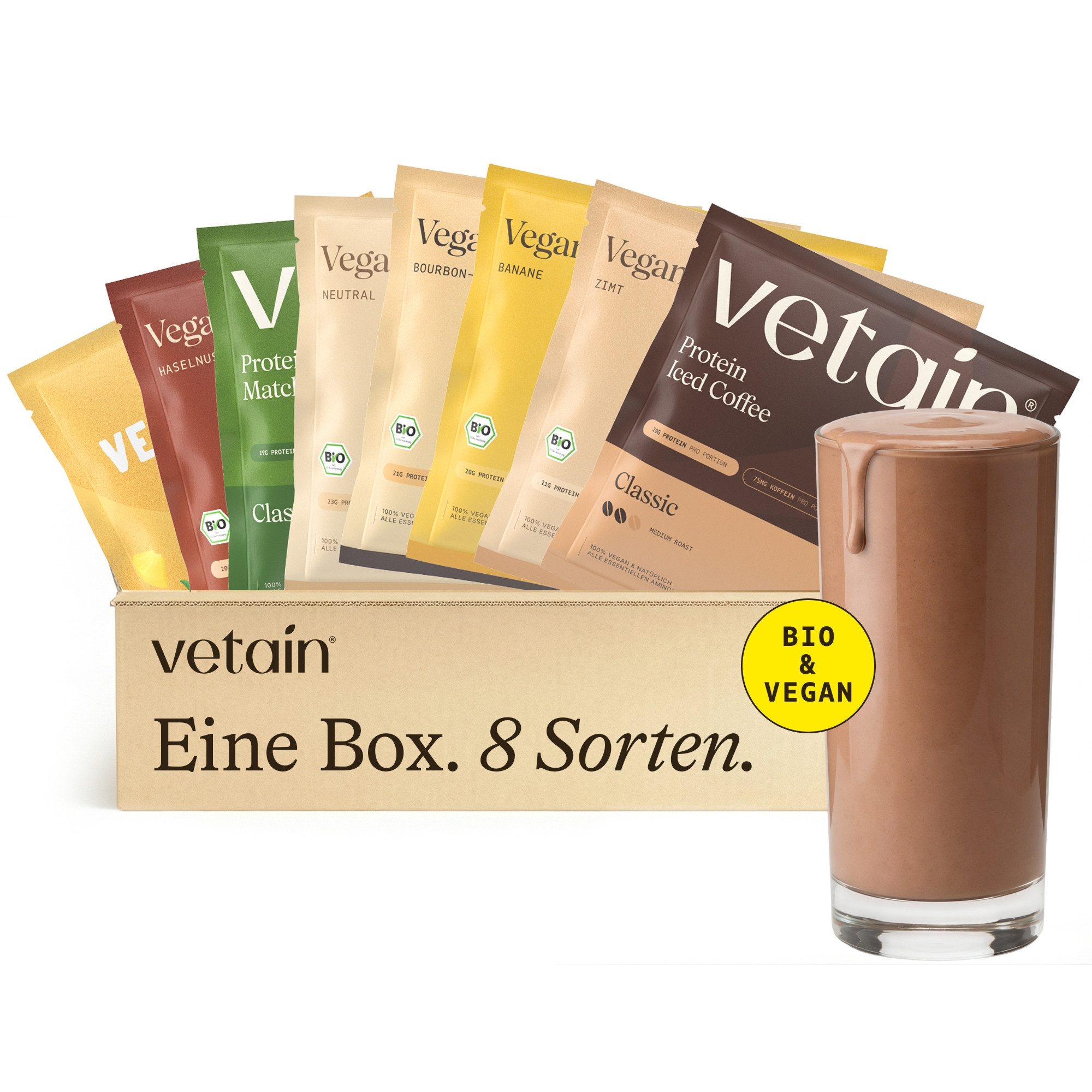 VETAIN Protein Pulver Probierpaket - 8 x 30g - 100% Bio & Vegan - Pulver, Fermentiert, frei von raffiniertem Zucker & künstlichen Süßstoffen