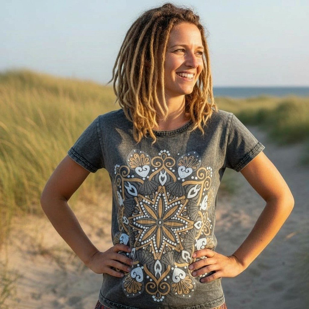 Guru-Shop T-Shirt Boho T-Shirt mit Mandaladruck, Stonewashed.. Festival, Et günstig online kaufen