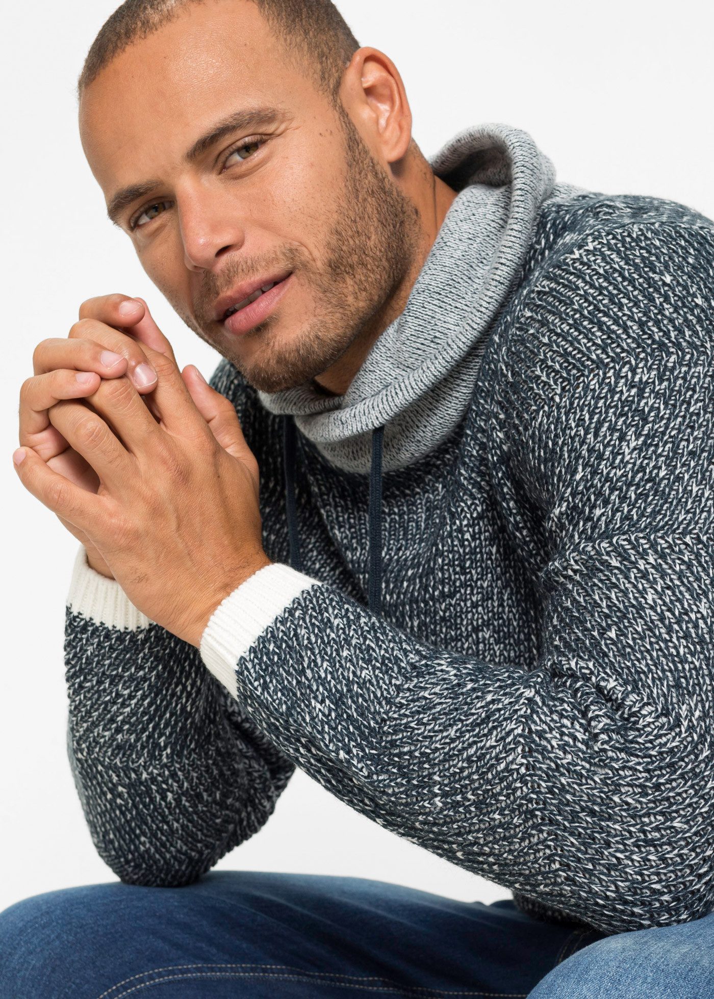 bonprix Strickpullover aus Polyacryl, mit Schalkragen und Kordelzug, melierte Optik