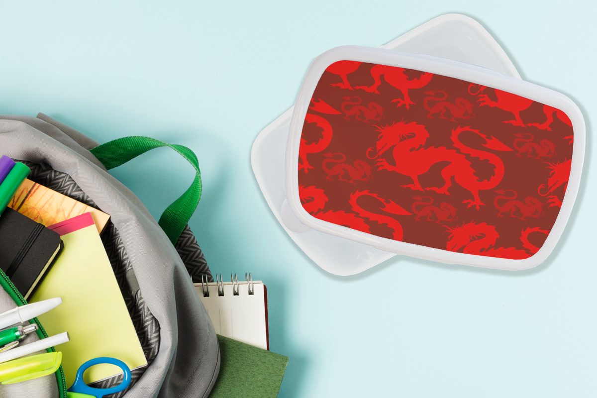 Jungs - Muster, Kunststoff, Brotdose, und weiß für Mädchen MuchoWow Erwachsene, Brotbox und - (2-tlg), für Lunchbox Drache Rot Kinder