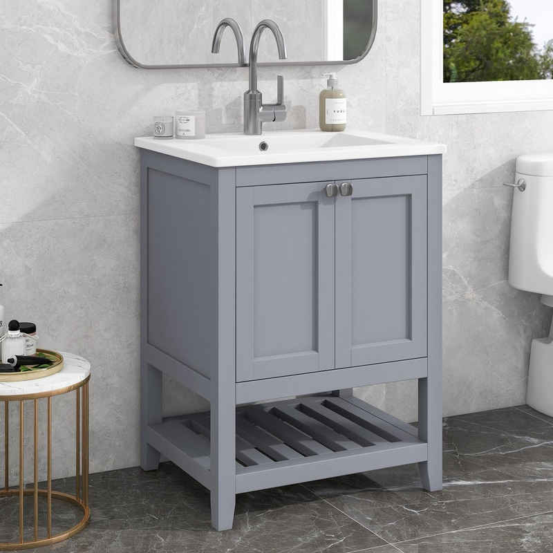 Merax Badmöbel-Set, (Waschbeckenunterschrank mit Becken, ohne Ablaufgarnitur), Waschtisch Badezimmerschrank inkl. Waschbecken,Badmöbel in 61 cm