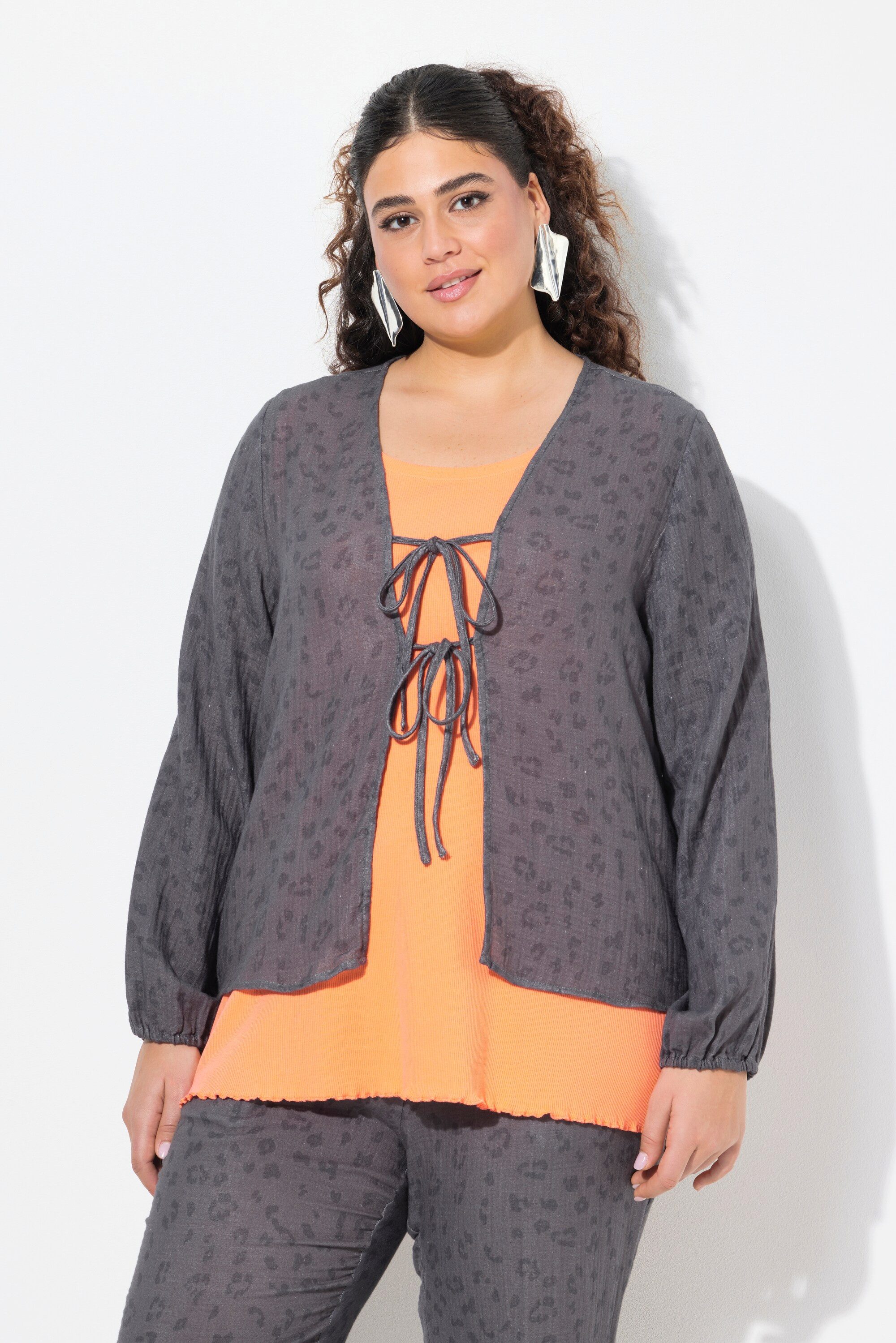 Ulla Popken Tunika Musselin-Bluse doppeltes Band V-Ausschnitt Langarm günstig online kaufen