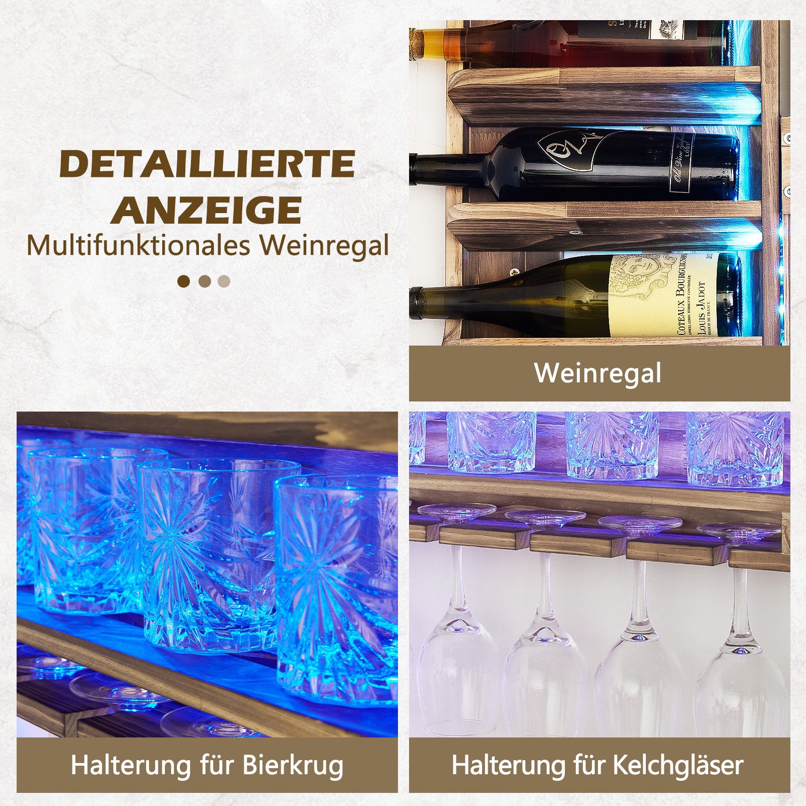 Yorbay Weinregal aus Holz, Wandbar mit Korkhalter, mit LED Beleuchtung, für Weingläser, Whiskygläser, Wandmontage Wand Flaschenhalter Vintage Stil für Hausbar