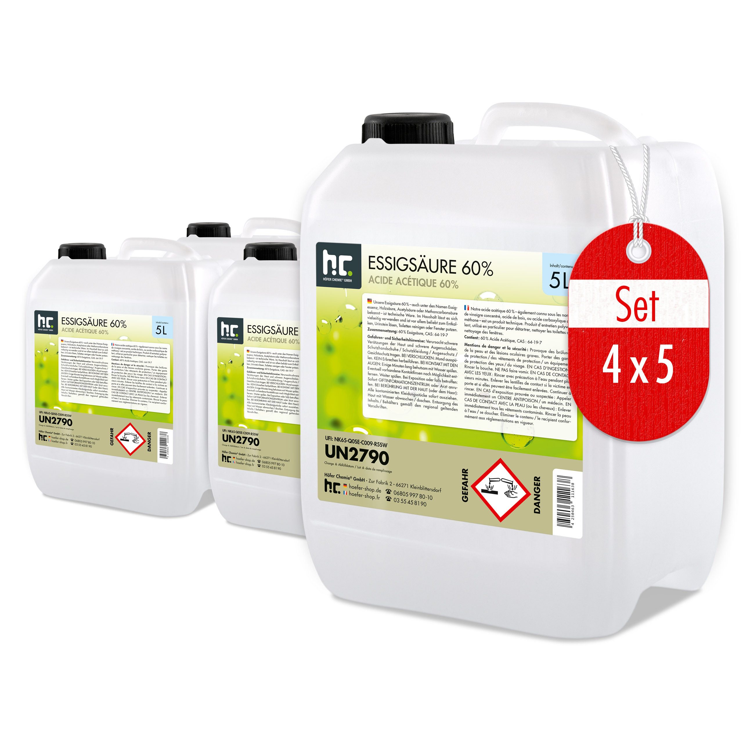 4x 5 L Höfer Chemie® Essigsäure 60% in Kanistern Grundreiniger