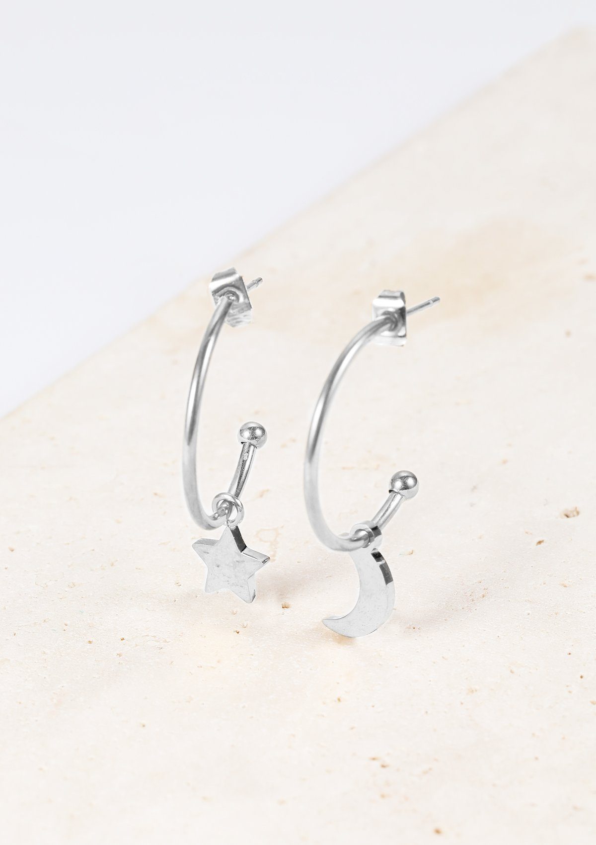 Hey Happiness Paar Ohrhänger Mond Stern Creolen Damen hängend, 18K Gold Roségold, Edelstahl Ohrringe offen rund baumelnd, wasserfest