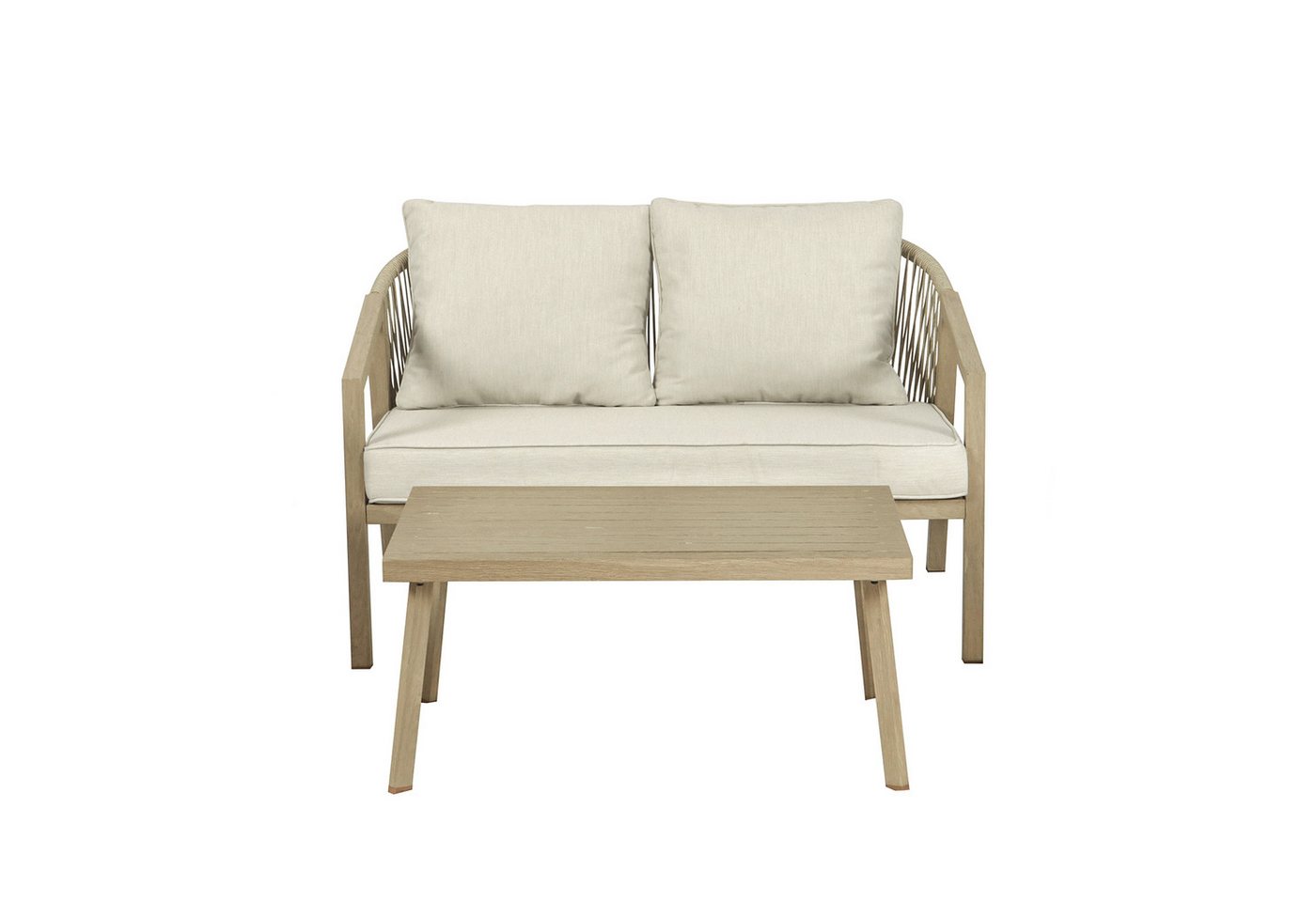 Koll Living Gartenlounge-Set 'Amber' in Beige, aus Stahl in natürlicher Holzoptik, wartungsfrei, (Gartensofa, Gartentisch, 2-tlg., pulverbeschichteter Stahl in Holzoptik), wasserabweisend, UV- & witterungsbeständig