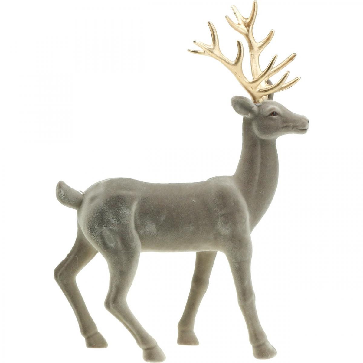 Florists Products Weihnachtsmann Beflockte Dekofigur Hirsch in Grau mit Goldenem Geweih