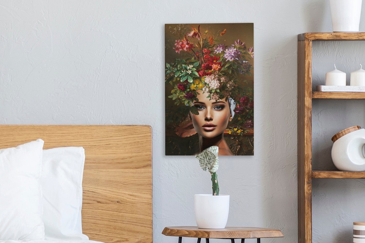 Leinwandbild Frau Blumen - inkl. (1 20x30 St), Farben, cm bespannt Gemälde, Zackenaufhänger, Leinwandbild - fertig OneMillionCanvasses®