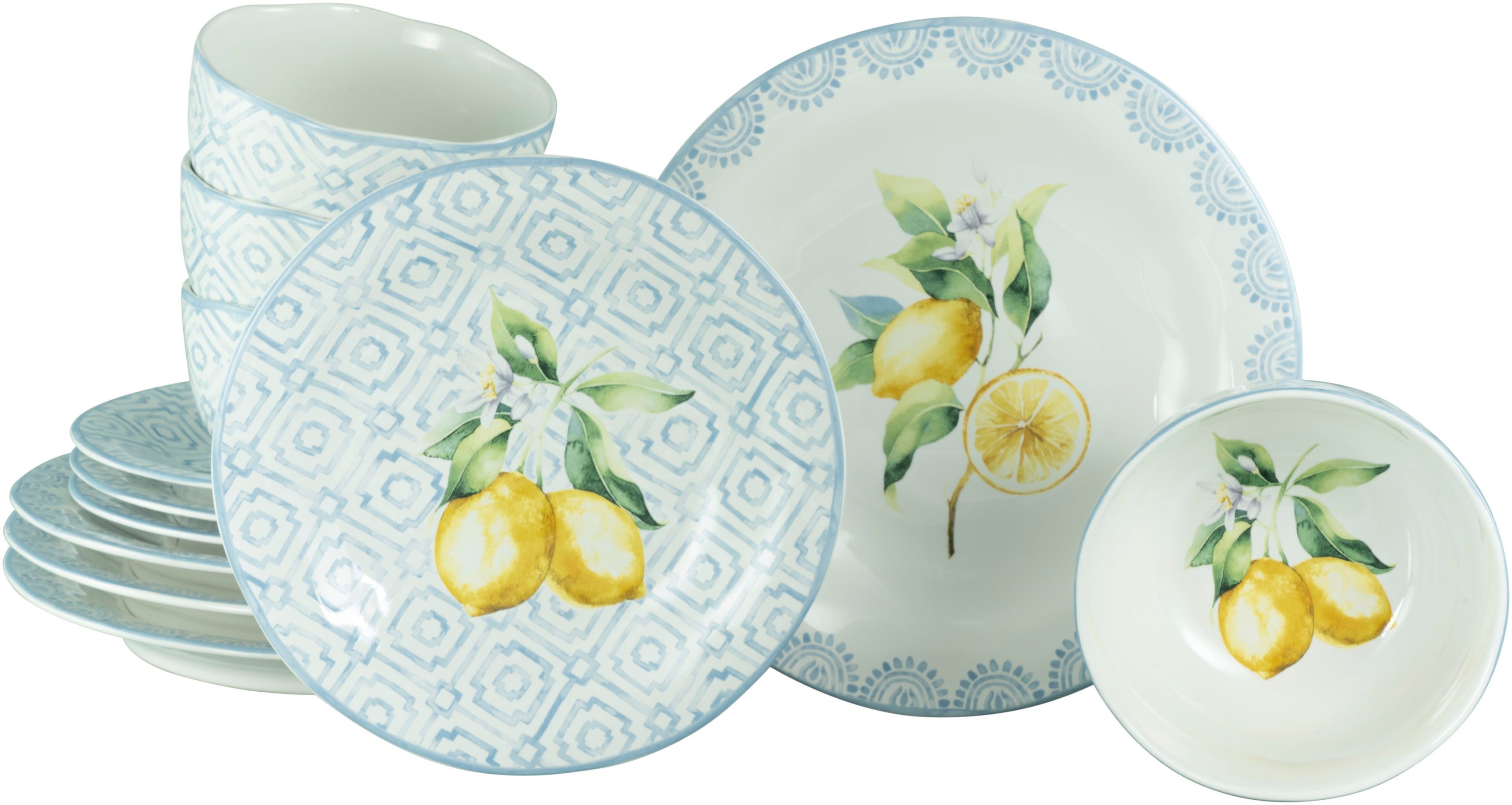 CreaTable Teller-Set Lemoncello, Tellerset 12-tlg (12-tlg), 4 Personen, Steinzeug, Handgemalte italienische Keramik
