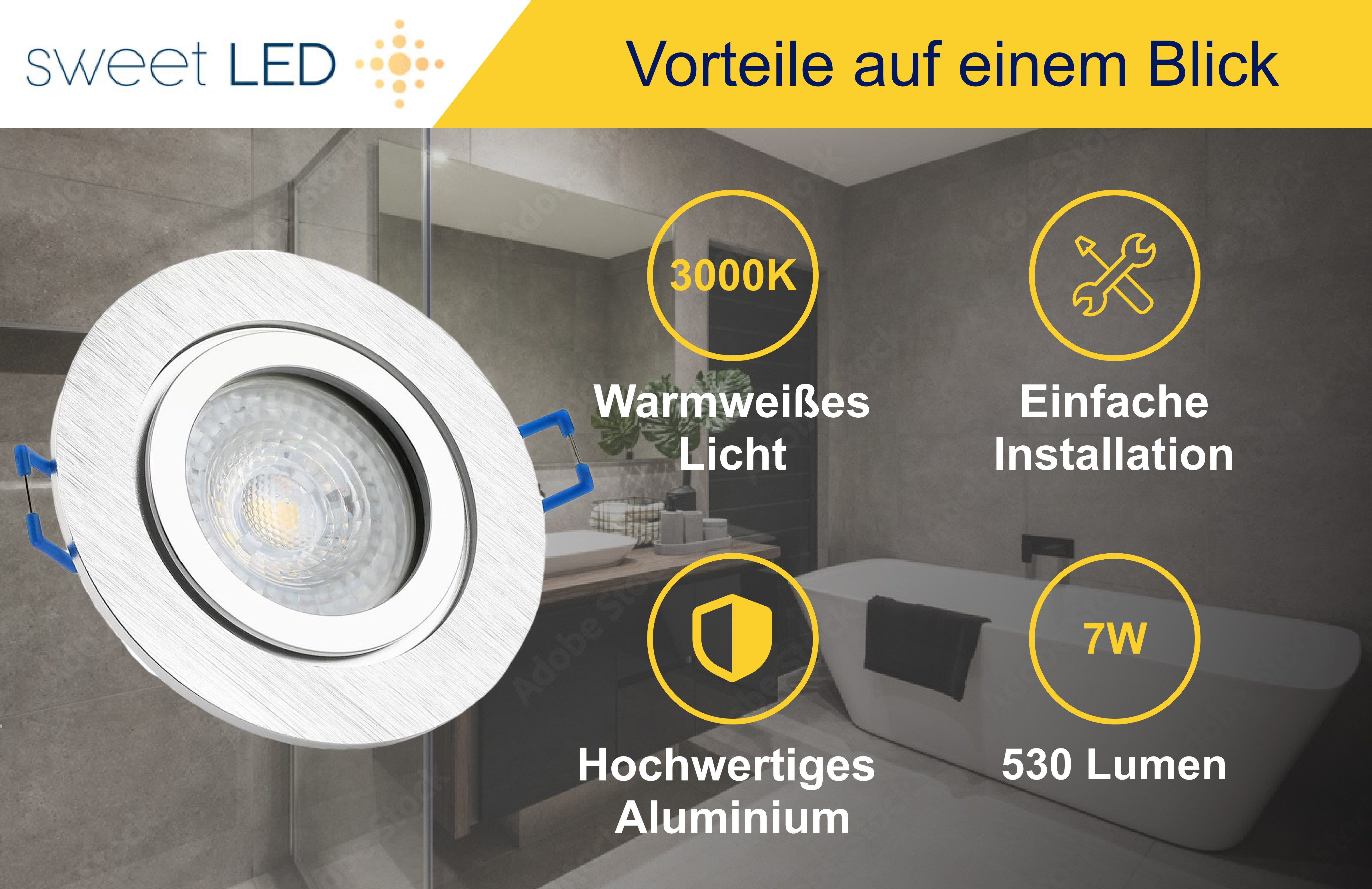 Sweet LED LED Einbaustrahler 6er Set IP44 Bad Aluminium GU10 7W LED Spots 230V Alu-gebürstet, Leuchtmittel wechselbar, 3000K - warmweiß, Deckenspots, Deckenstra – Bild 5 von 5