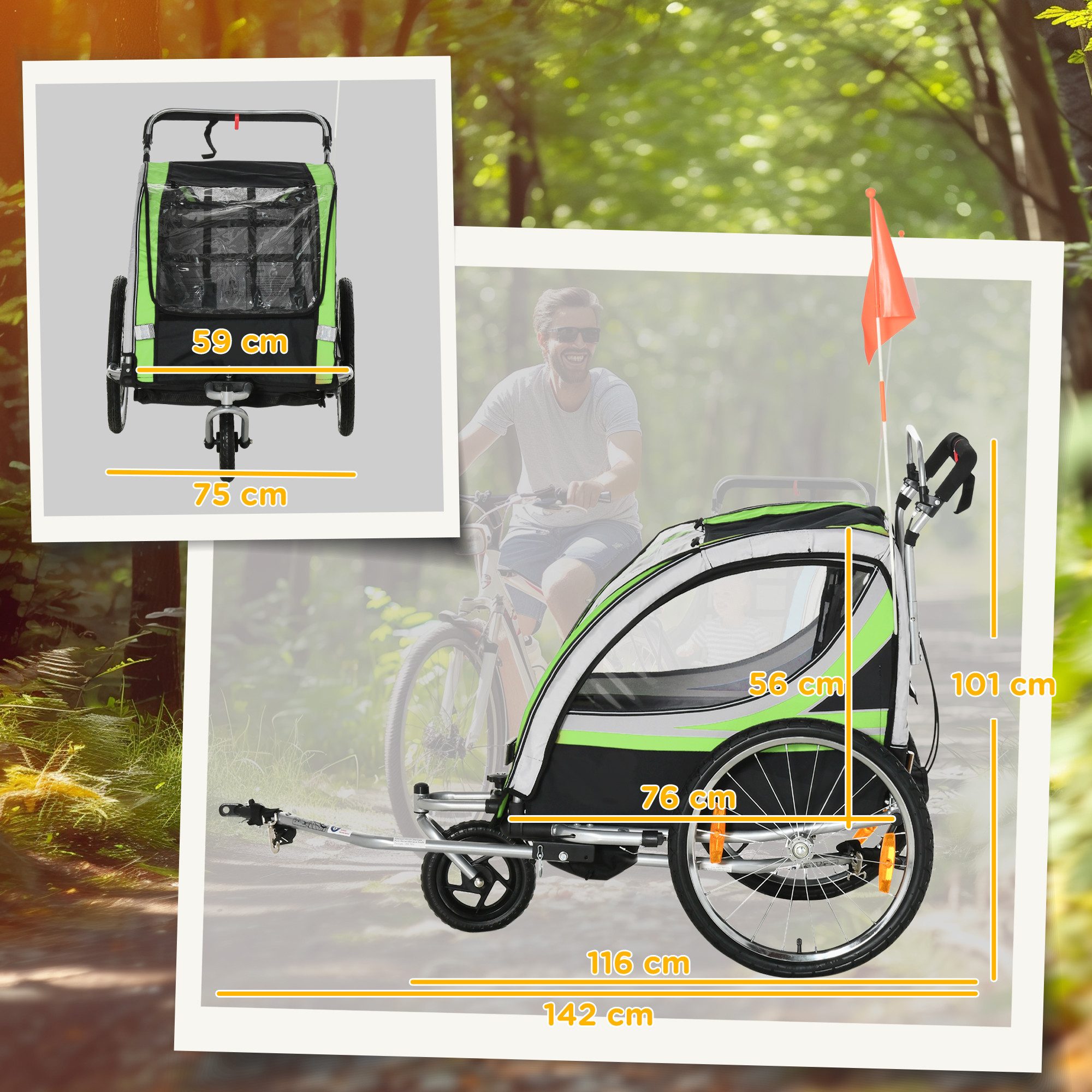 HOMCOM Fahrradkinderanhänger Kinderanhänger, Fahrradanhänger, für 2 Kinder, grün, für Garten, Balkon, Grün+Schwarz